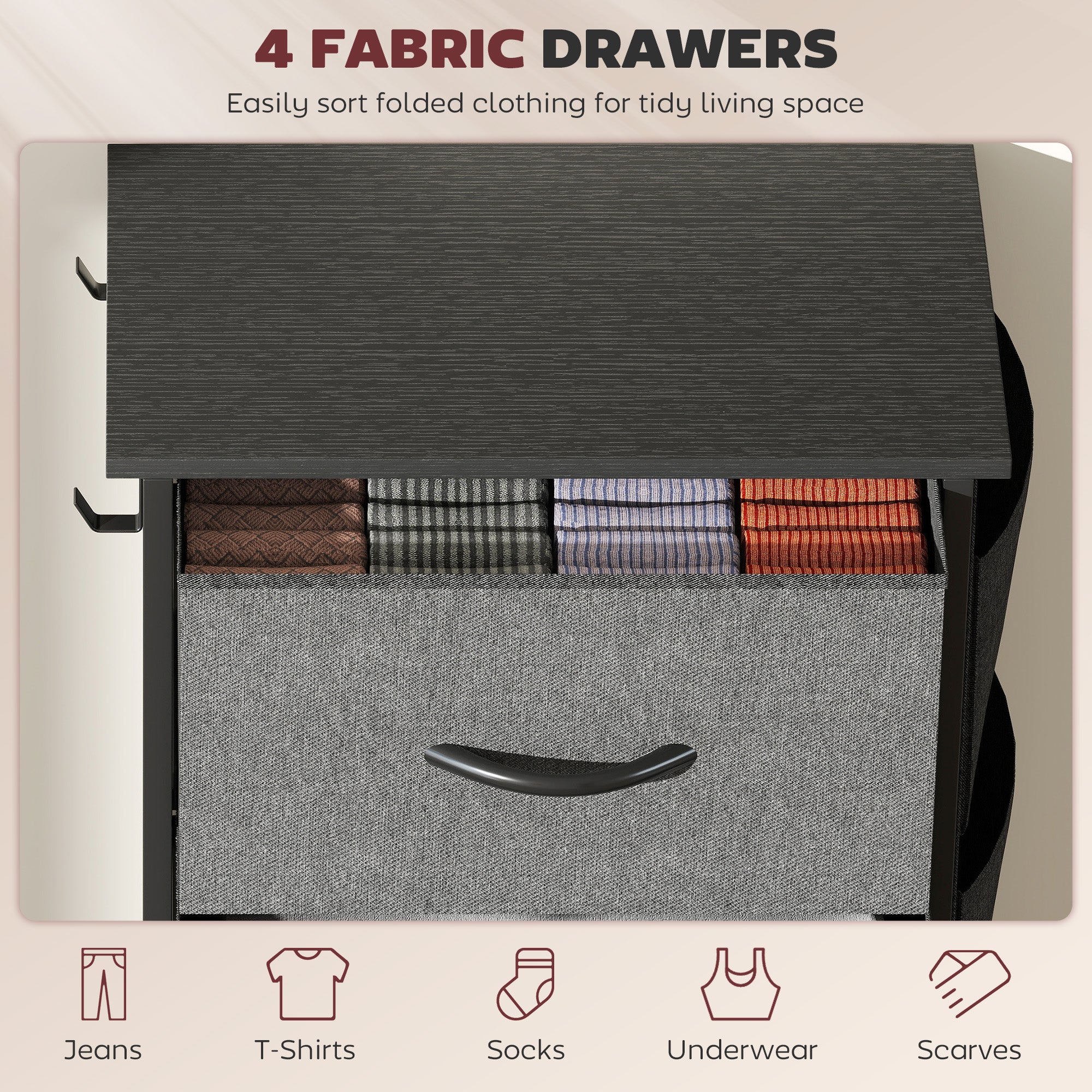HOMCOM Chest of Four Fabric Drawers - Charcoal Grey