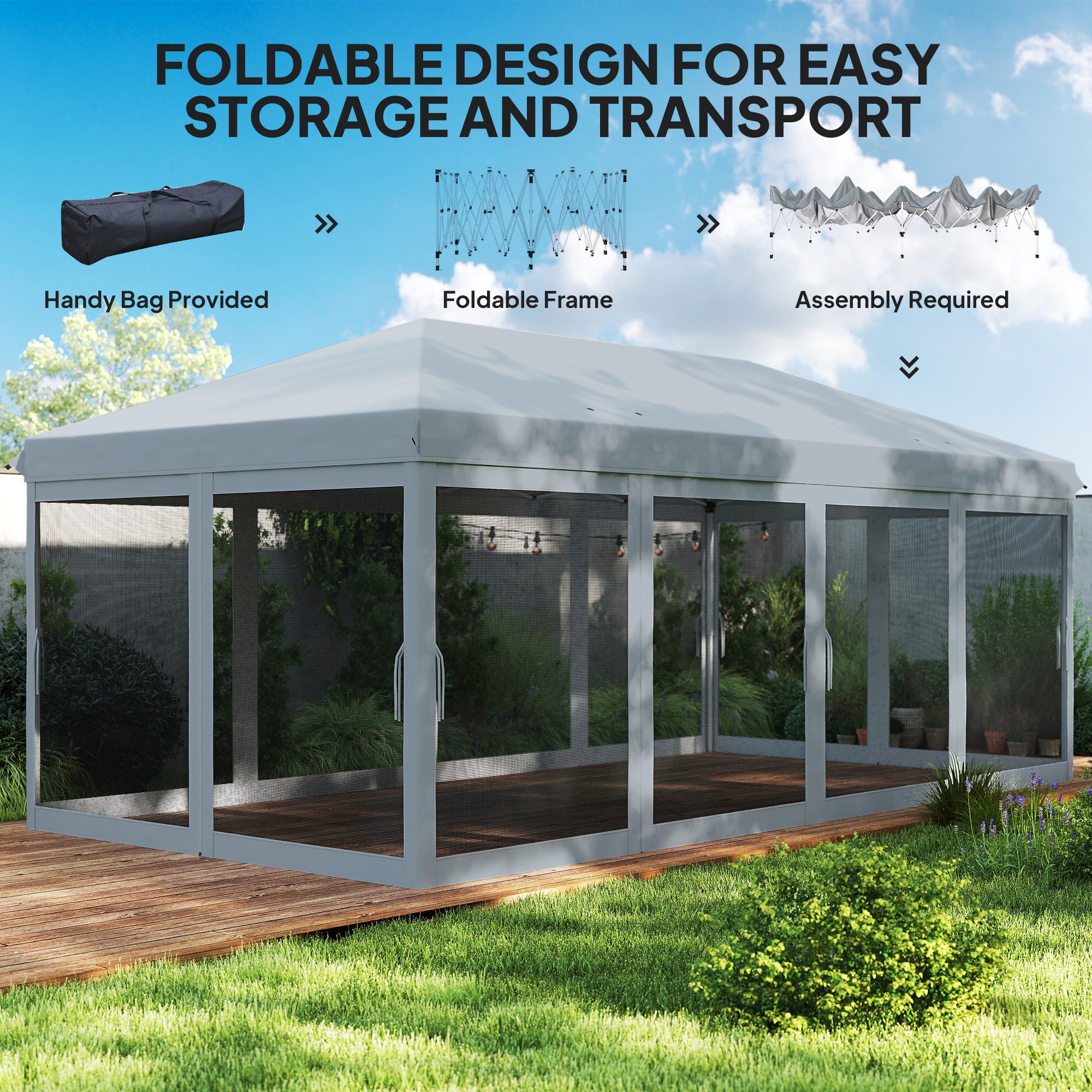 Outsunny 3 x 6m Pop Up Gazebo, Outdoor Canopy Shelter, Marquee Party Wedding Tent with 6 Mesh Walls and Carry Bag, Grey - North Peak Garden Furniture
