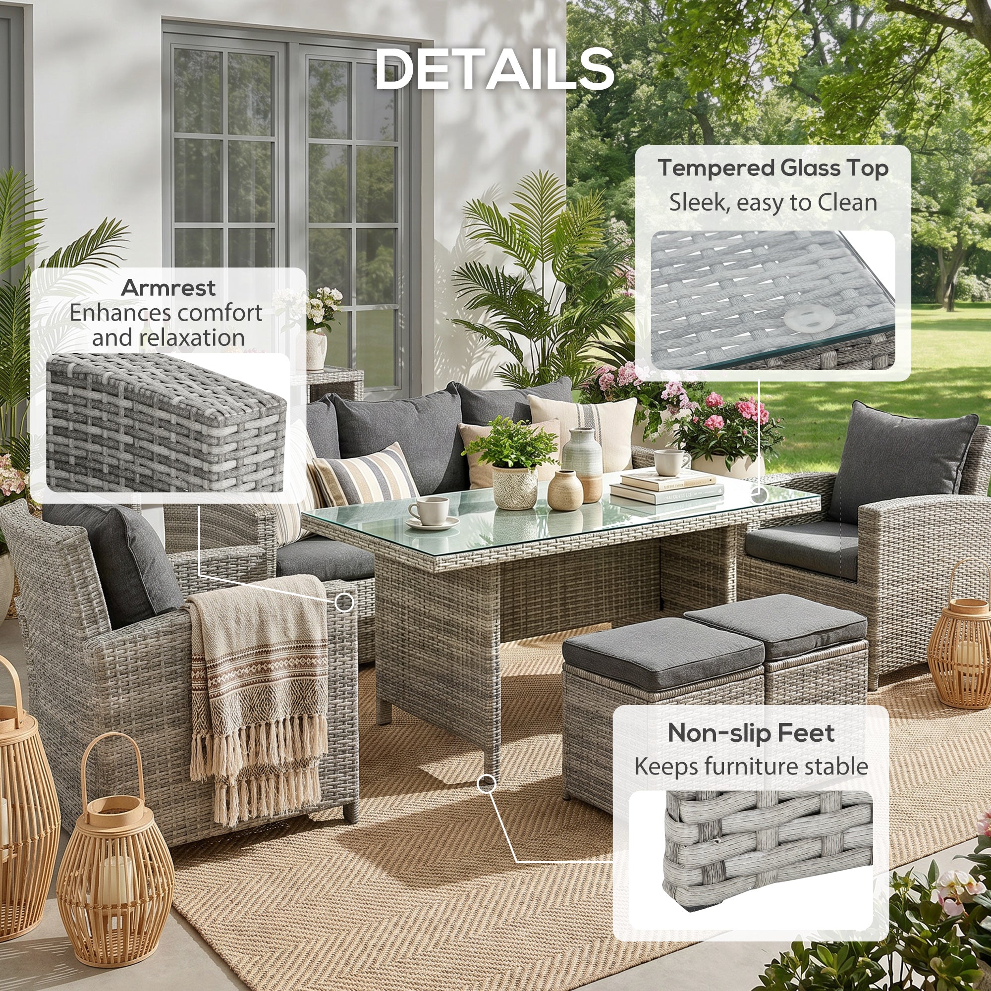 Outsunny 6 Pieces PE Rattan Garden Furniture Set with Three-seat, Armchairs and Footstools, Aluminium Patio Wicker Dining Sets w/ Glass Top Dining Table, Soft Cushion, Light Grey