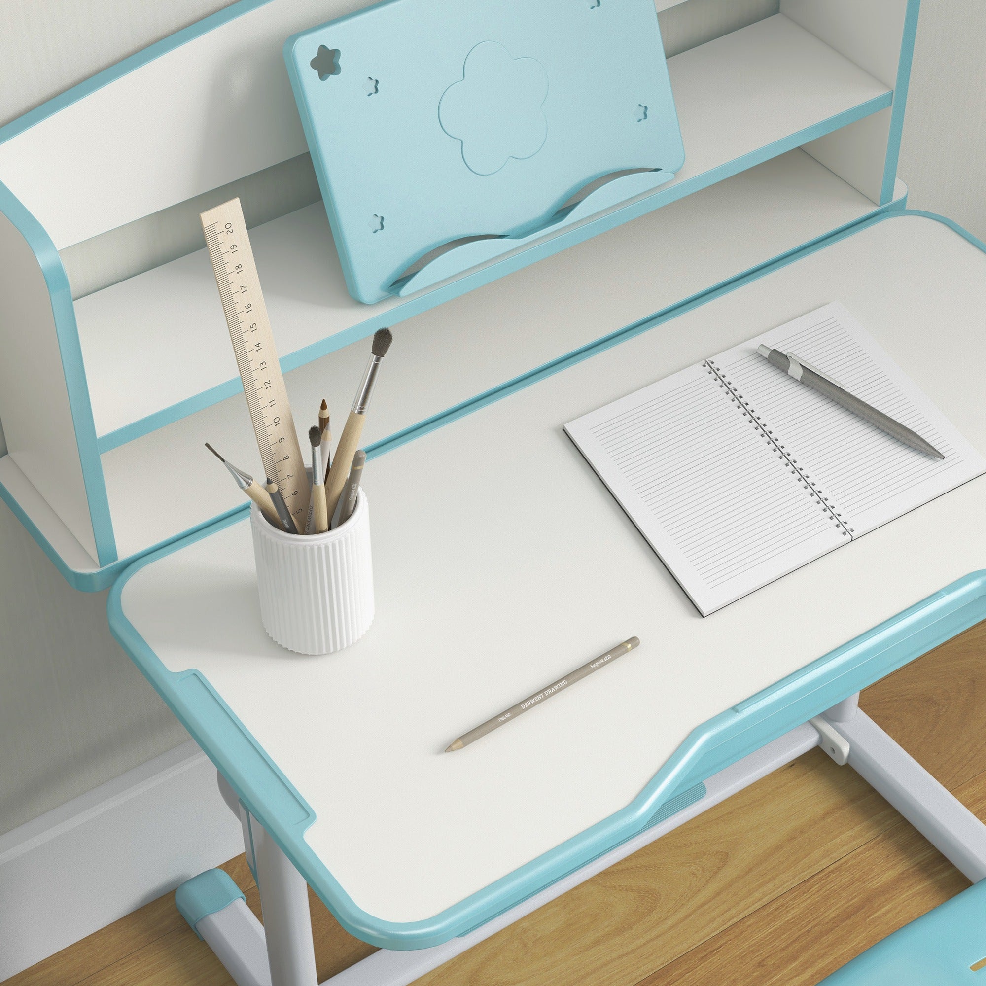 ZONEKIZ Height Adjustable Kids Study Table and Chair Set, with Drawer, Storage Shelf, 80 x 54.5 x 104 cm, Blue - North Peak Garden Furniture