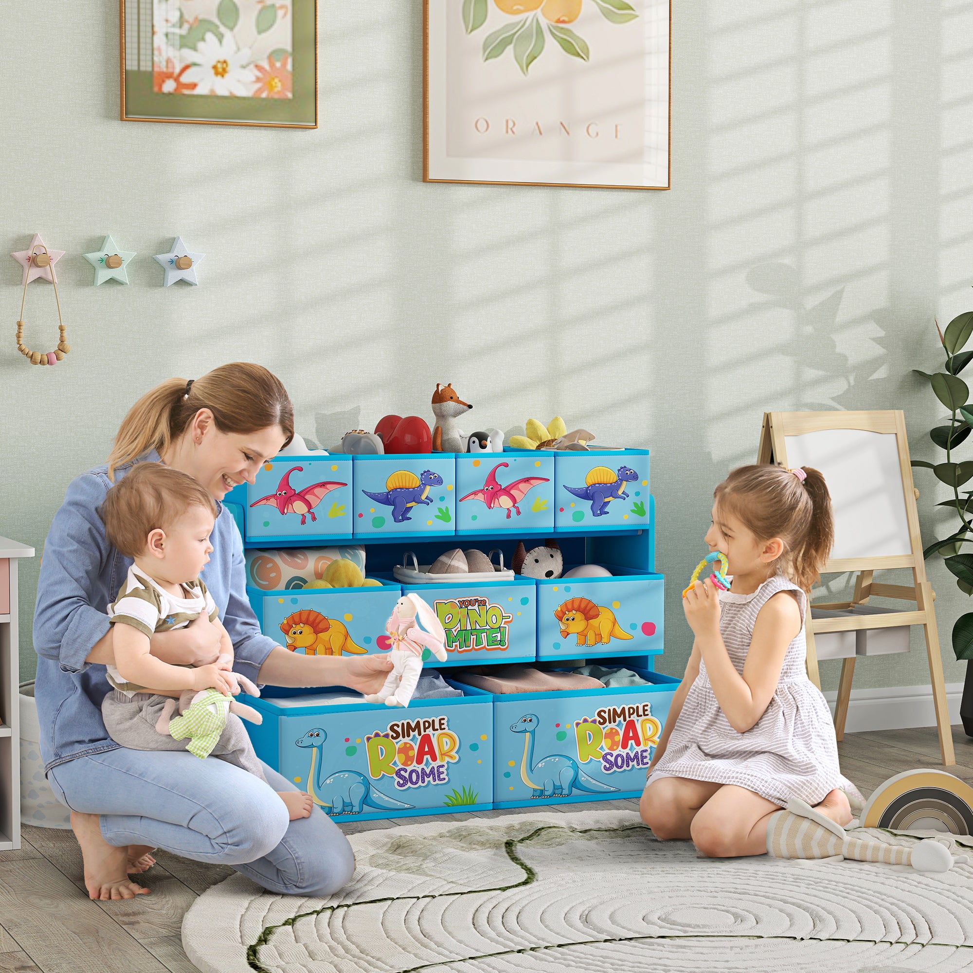 AIYAPLAY 3-Tier Kids Storage Unit with 9 Non-Woven Fabric Boxes for Toys, Books for Bedroom, Nursery, Blue - North Peak Garden Furniture