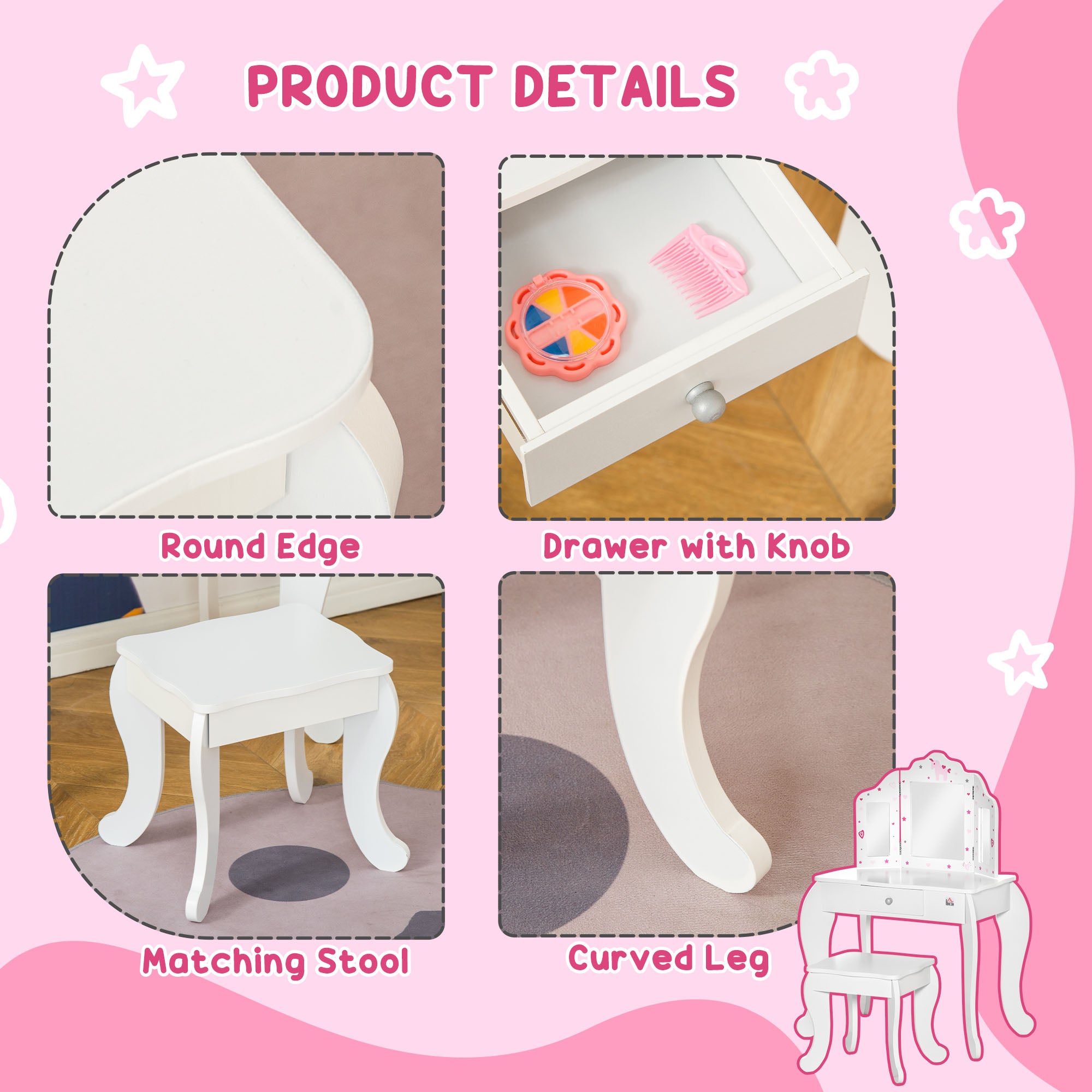 HOMCOM Kids Vanity Table & Stool Girls Dressing Set Make Up Desk Chair Dresser Play Set with Rotatable Mirrors Drawer Star & Heart Pattern White - North Peak Garden Furniture