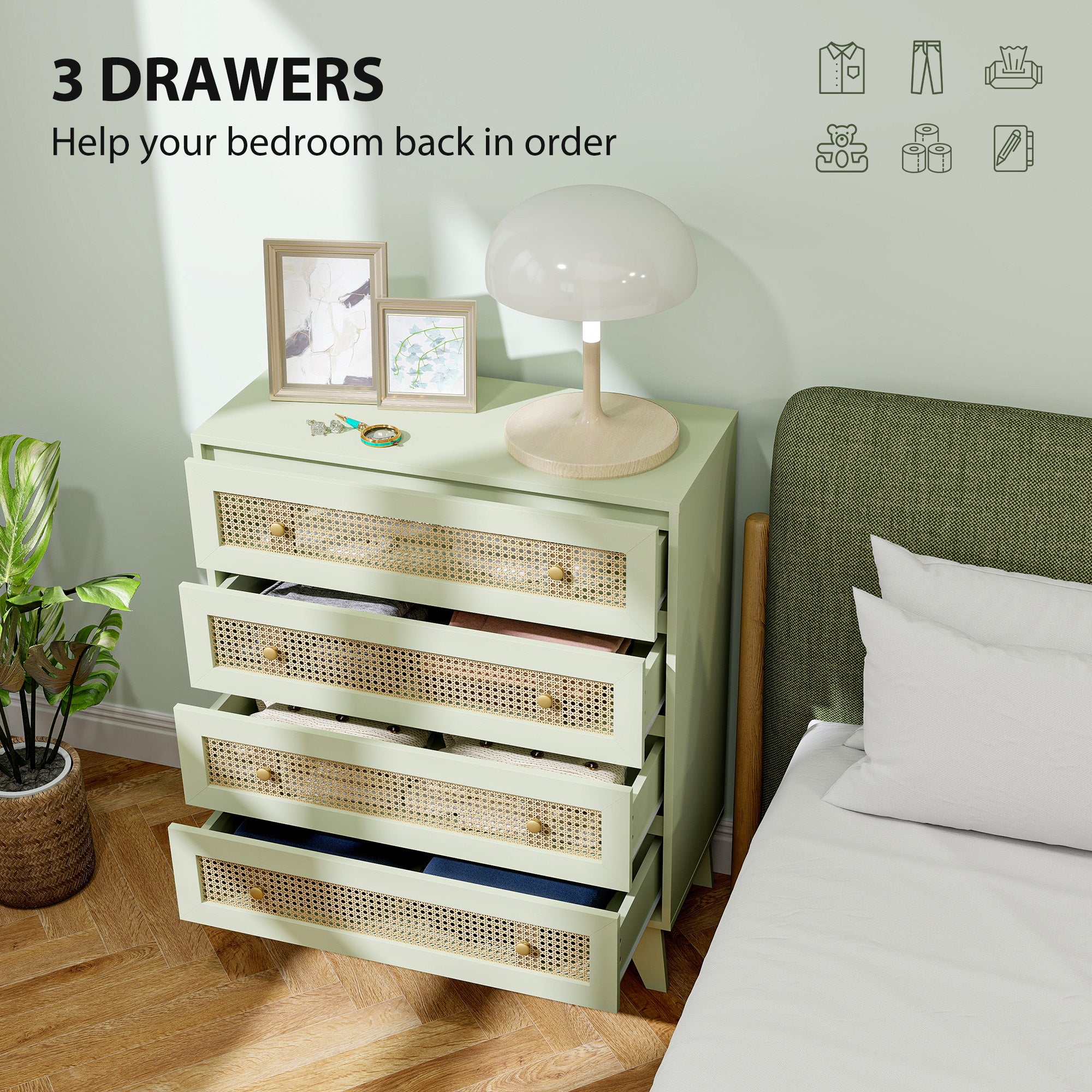HOMCOM Chest of Drawers, 4-Drawer Storage Organiser Unit with Rattan Element for Bedroom, Living Room, Light Green - North Peak Garden Furniture