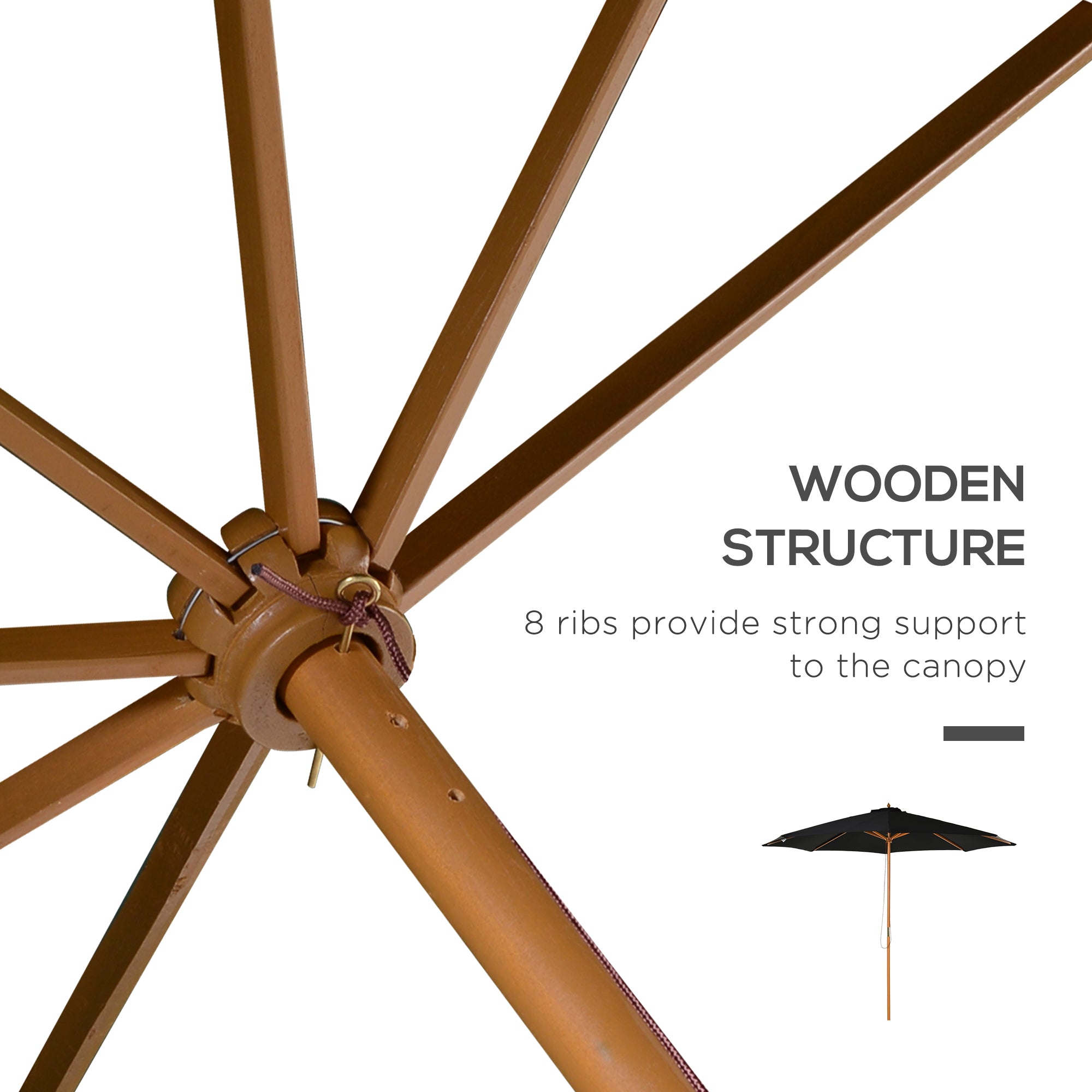 Outsunny 3(m) Garden Parasol, Pulley Operated Patio Umbrella, Wooden Table Market Umbrella with Rope Pulley Mechanism and 8 Ribs, Black - North Peak Garden Furniture
