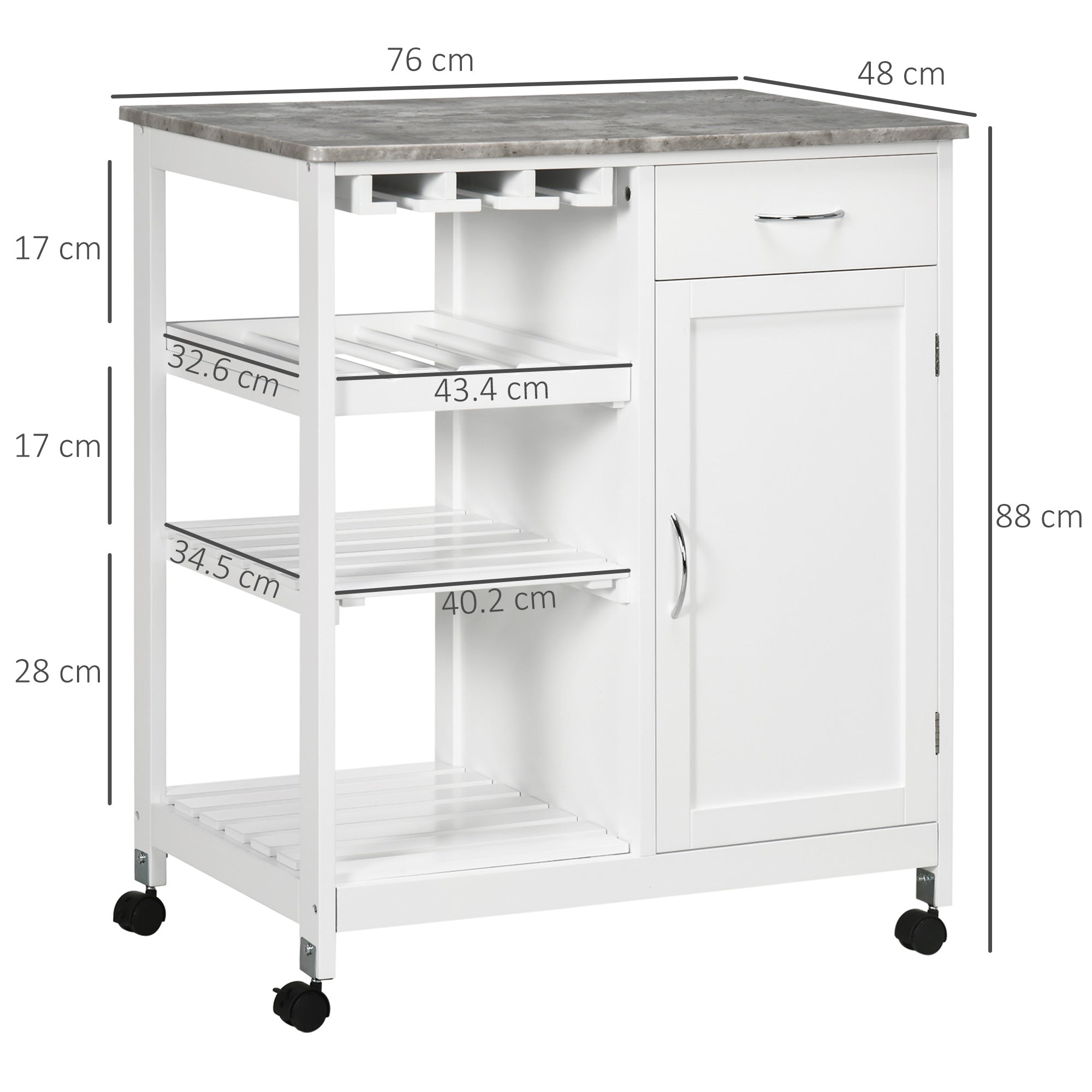 HOMCOM Compact Kitchen Trolley Utility Cart on Wheels with Wine Rack, Drawer, Open Shelf and Storage Cabinet for Dining Room, White - North Peak Garden Furniture