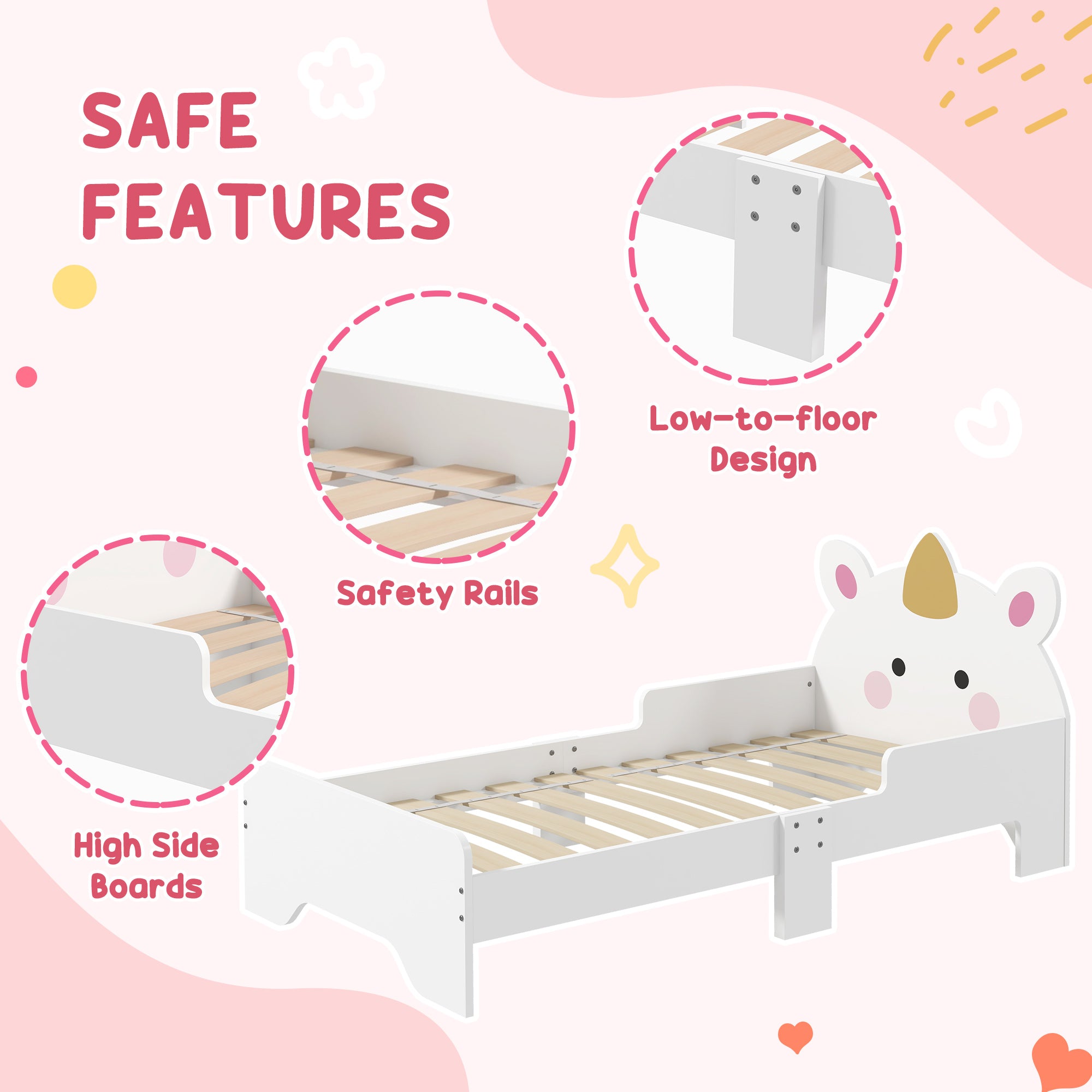 ZONEKIZ Kids Bedroom Furniture Set with Kids Dressing Table with Mirror and Stool, Toddler Bed Frame for 3-6 Years, Unicorn Design - North Peak Garden Furniture
