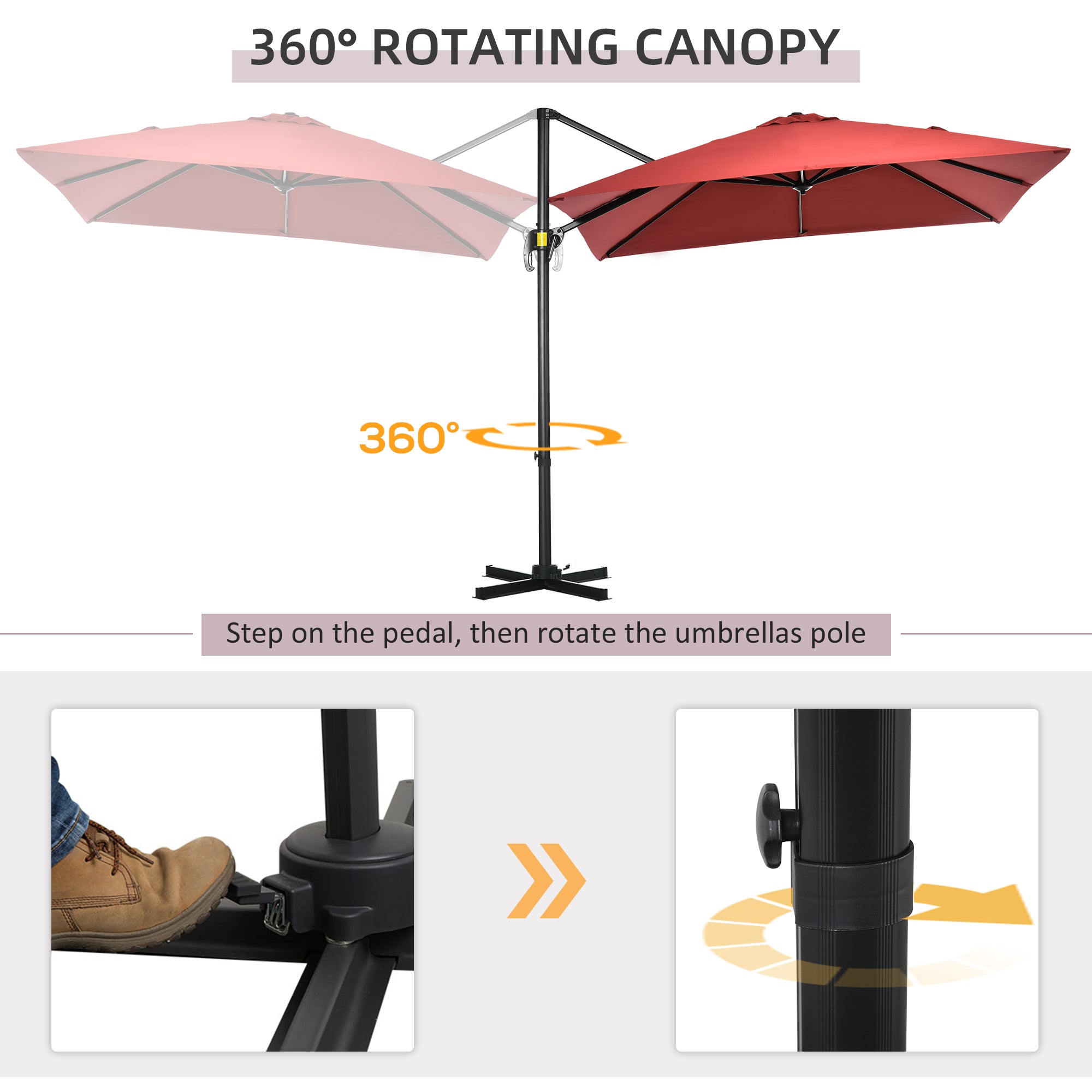 Outsunny 2.5 x 2.5m Patio Offset Parasol Umbrella Cantilever Hanging Aluminium Sun Shade Canopy Shelter 360° Rotation with Crank Handle and Cross Base, Wine Red