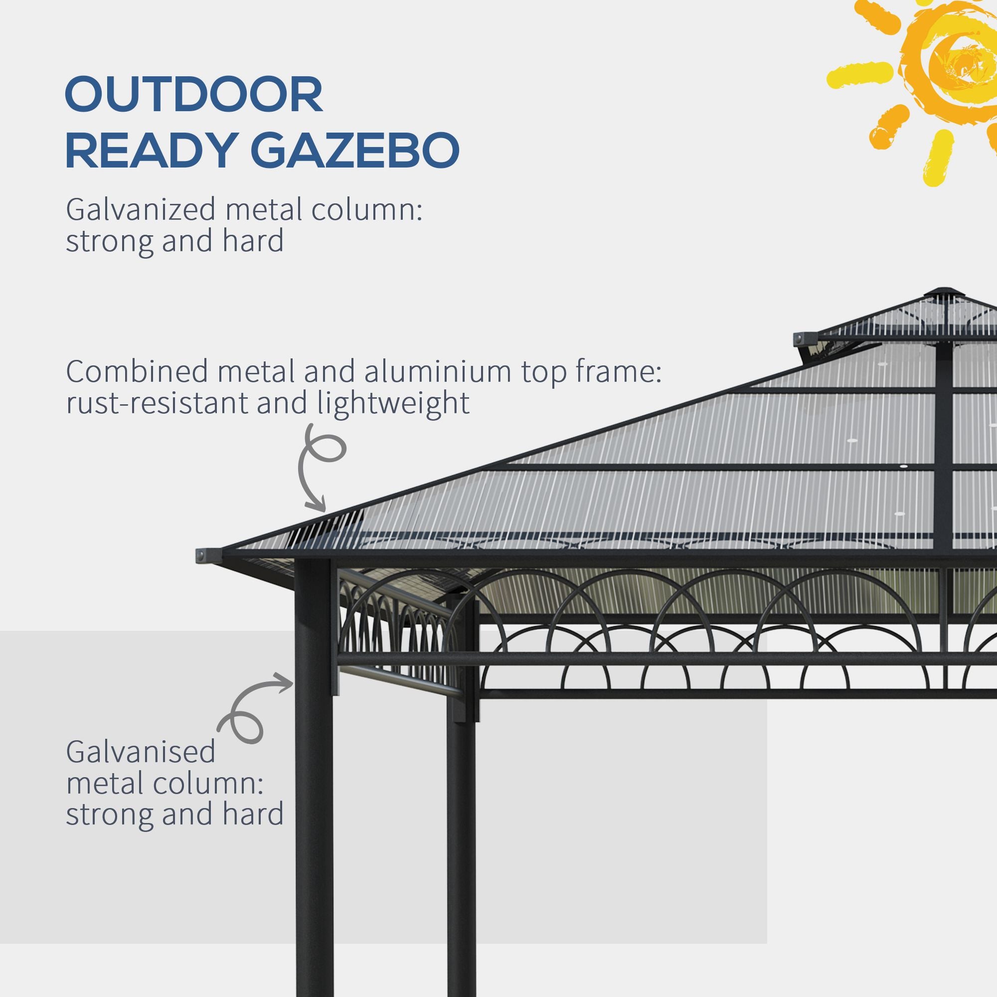 Outsunny 3 x 3 (m) Outdoor Polycarbonate Gazebo, Double Roof Hard Top Gazebo with Galvanised Steel Frame, Nettings & Curtains for Garden, Lawn, Patio and Deck - North Peak Garden Furniture