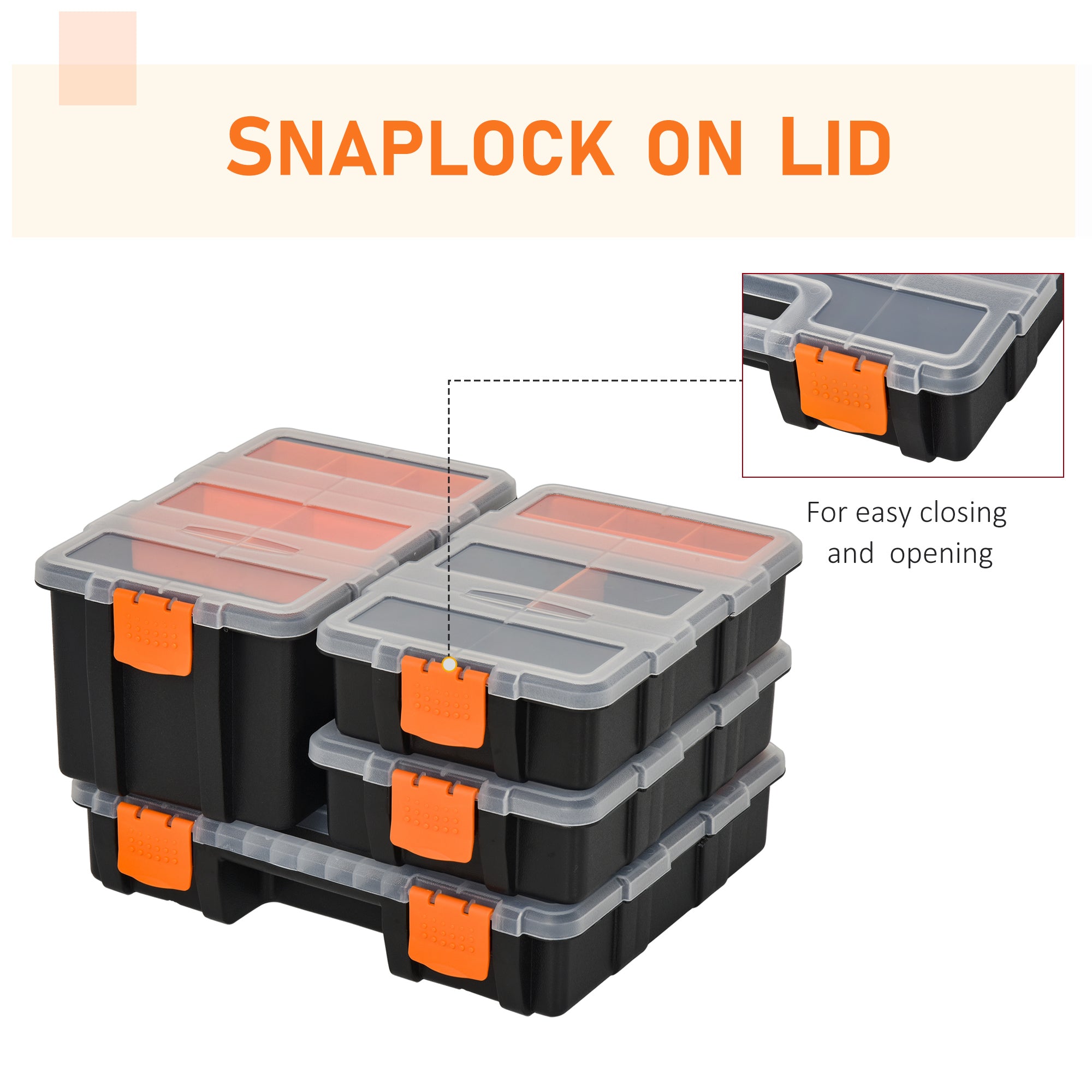 DURHAND Set Of 4 Plastic DIY Tool Storage Boxes w/ Inside Dividers Locking Lids Home Garage Organisation Stacking Arts Crafts Bolts Black Orange - North Peak Garden Furniture