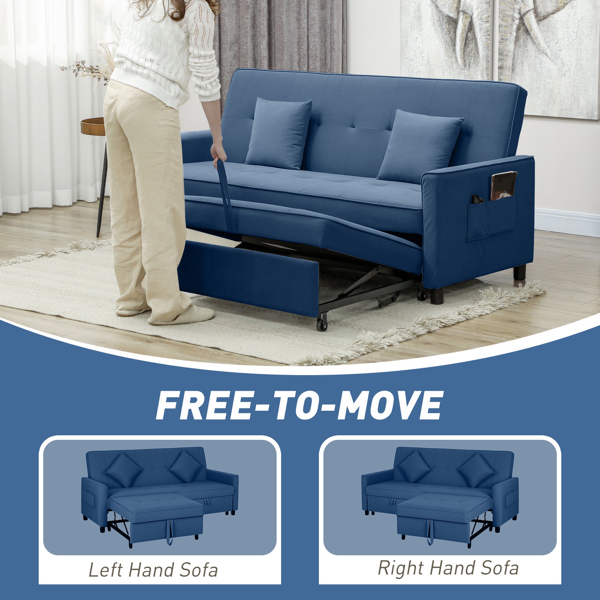 HOMCOM Three-Person Velvet-Feel Sofa Bed - Blue - North Peak Garden Furniture