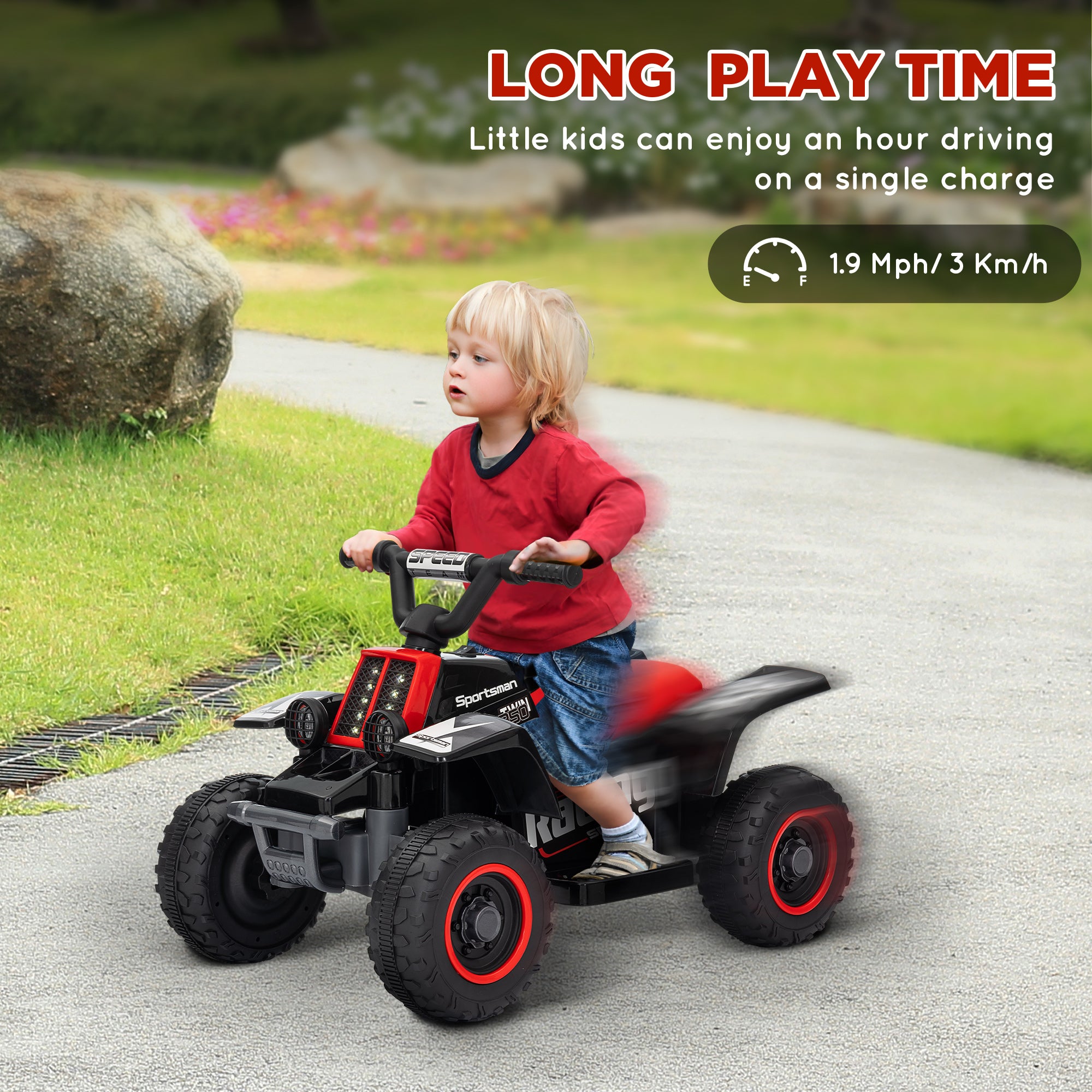 AIYAPLAY 6V Electric Quad Bike for Kids, Ride On ATV w/ Forward Backward, Headlights, for 18-36 Months, Black and Red - North Peak Garden Furniture