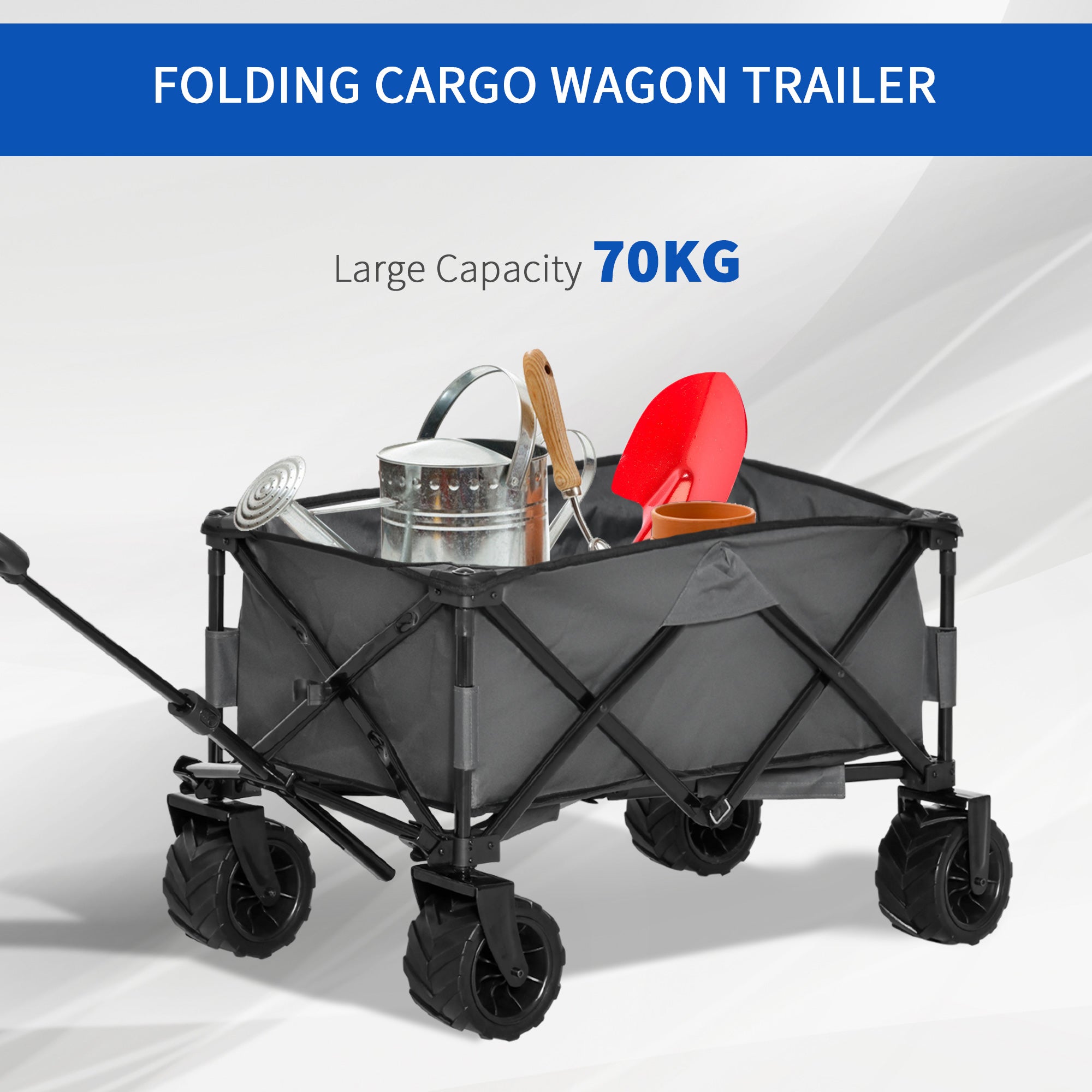 Outsunny Outdoor Pull Along Cart Folding Cargo Wagon Trailer Trolley for Beach Garden with Handle, Anti-Slip Wheel - Dark Grey - North Peak Garden Furniture