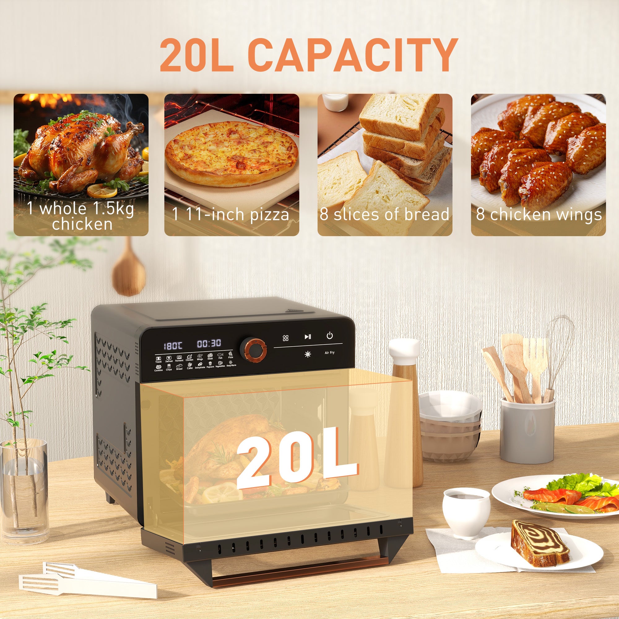 HOMCOM Air Fryer Oven, 20L Mini Oven, Multifunction Countertop Convection Oven with 16 Presets, Adjustable Temp and Time, 1400W