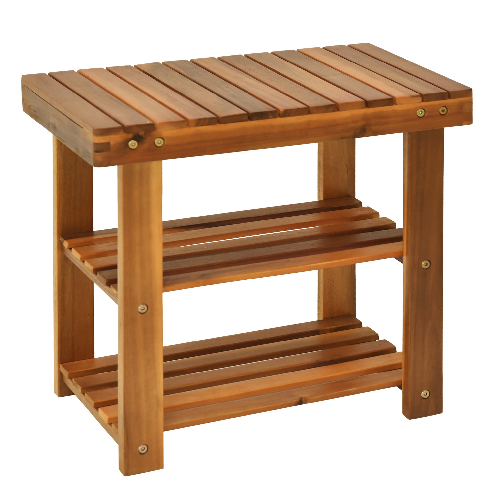 HOMCOM Acacia Wood Shoe Bench, 3-Tier Shoe Storage Rack, Hallway Organizer Shelf, for Entryway, Living Room, Bedroom, 50 x 28 x 45 cm, Teak - North Peak Garden Furniture