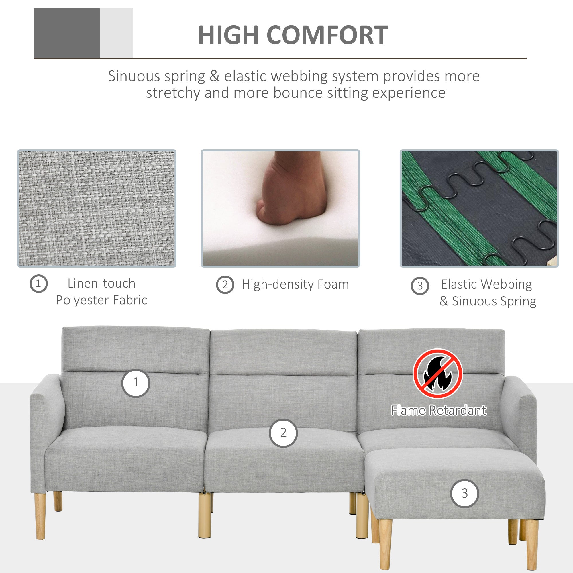 HOMCOM L Shape Sofa Bed Set, Linen Fabric Corner Sofa Bed with Rubber Wood Legs and Footstool, Light Grey - North Peak Garden Furniture