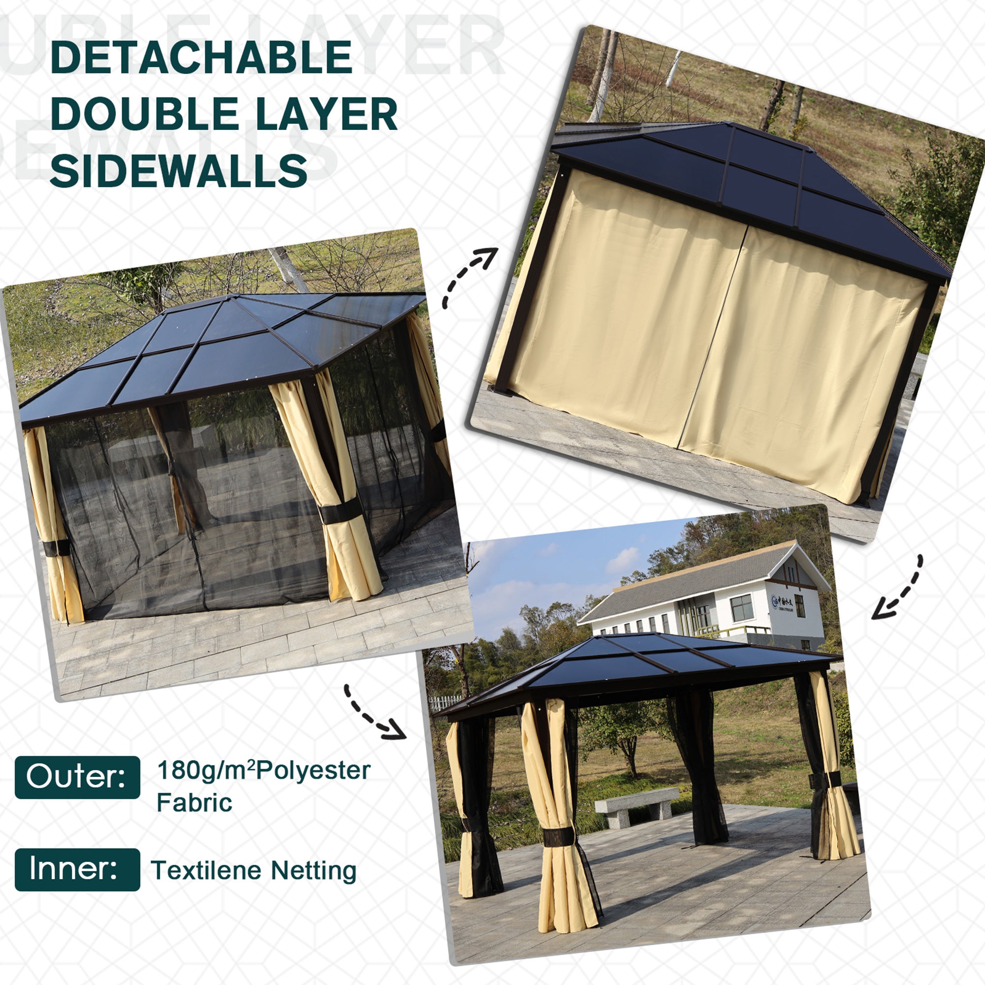 Outsunny 3 x 3.6m Polycarbonate Hardtop Gazebo with LED Solar Light and Aluminium Frame, Garden Pavilion with Mosquito Netting and Curtains - North Peak Garden Furniture