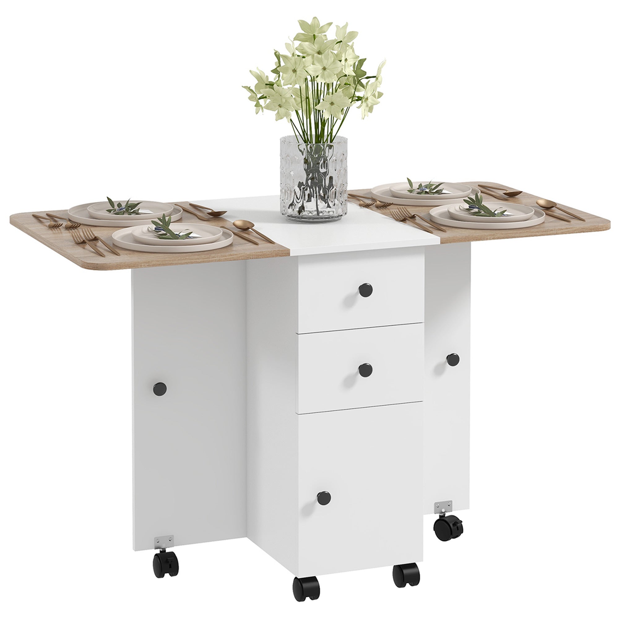 HOMCOM Multi-Storage Six-Person Drop Leaf Dining Table - Oak and White - North Peak Garden Furniture