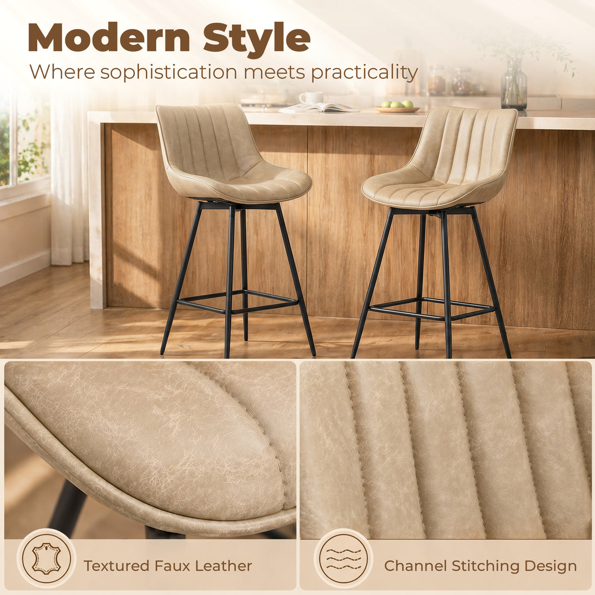 HOMCOM Set of 2 PU Leather Swivel Bar Stools - Light Brown