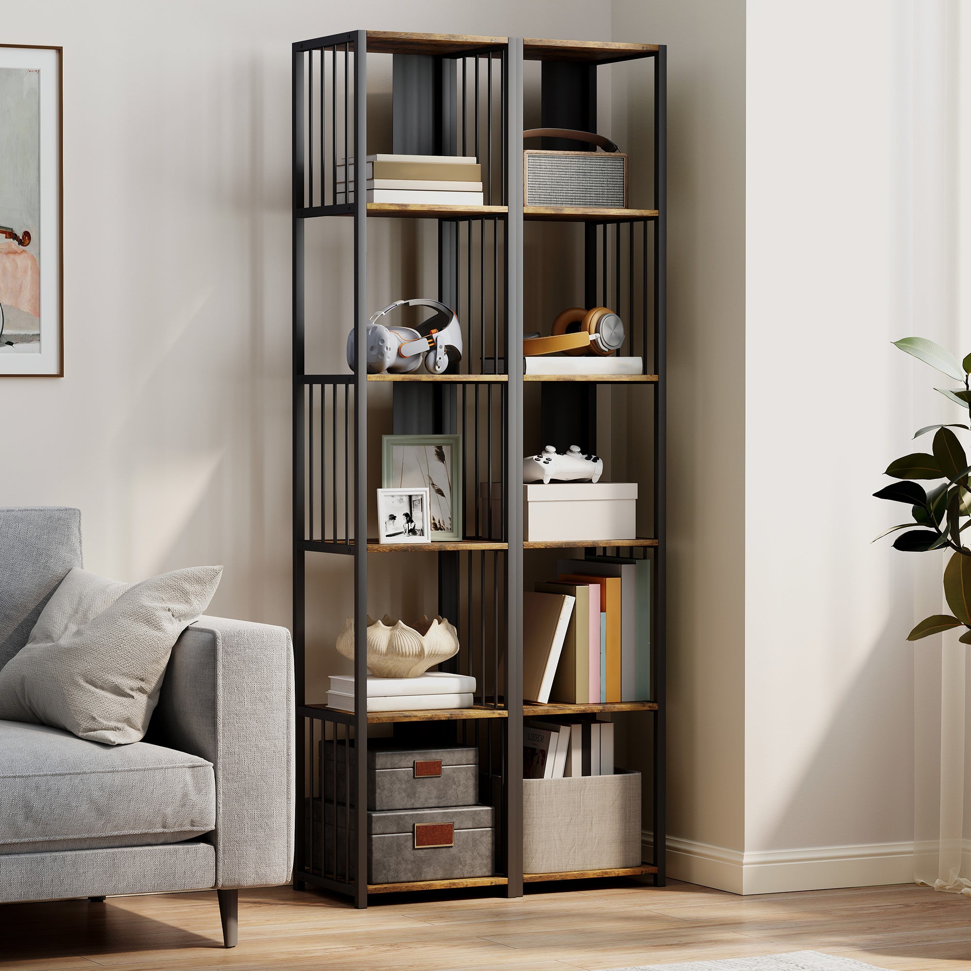 HOMCOM 5-Tier Bookshelf with Steel Frame - Rustic Brown