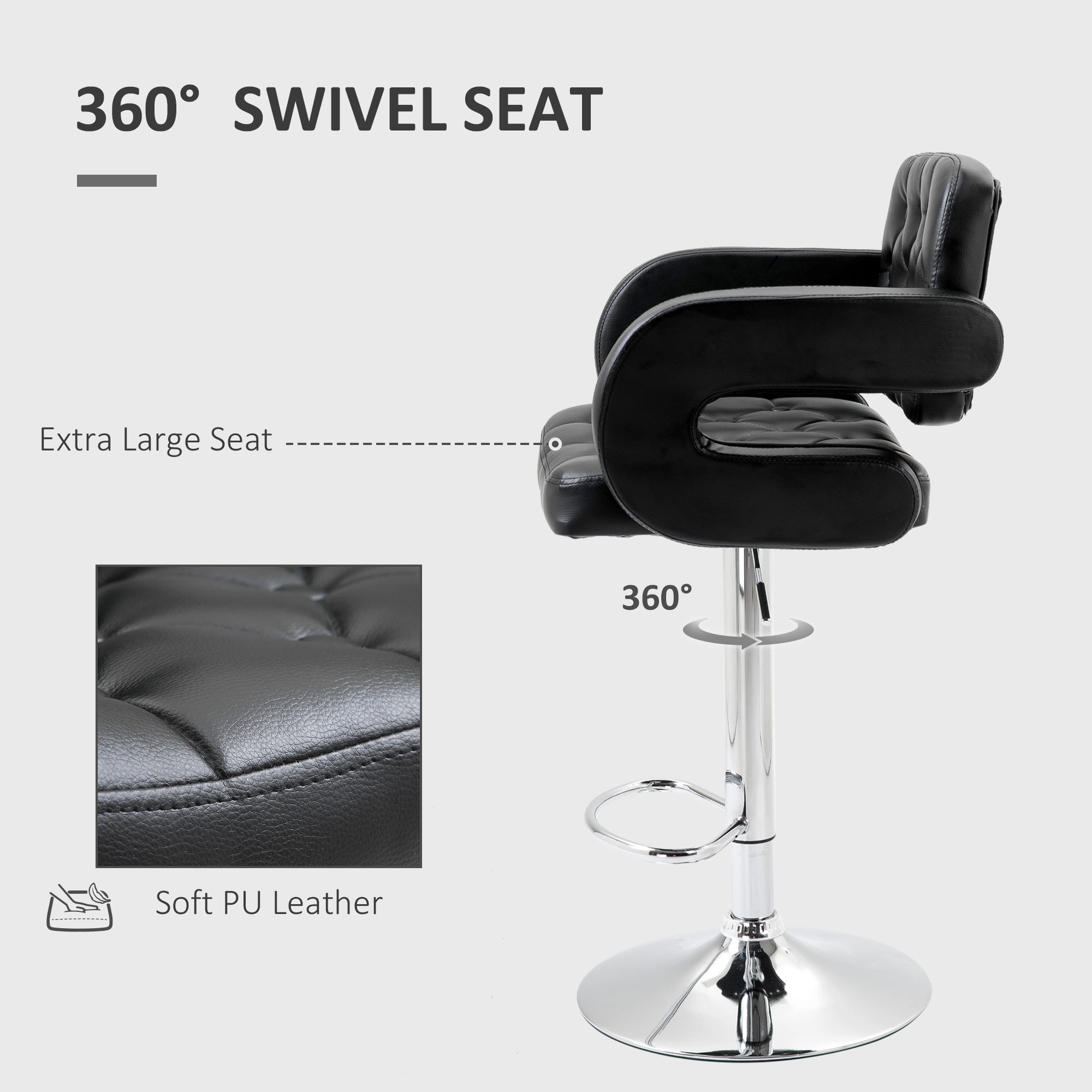 HOMCOM PU Leather Upholstered Swivel Bar Stool, Height Adjustable Barstool with Back, Armrest, Footrest for Kitchen - North Peak Garden Furniture