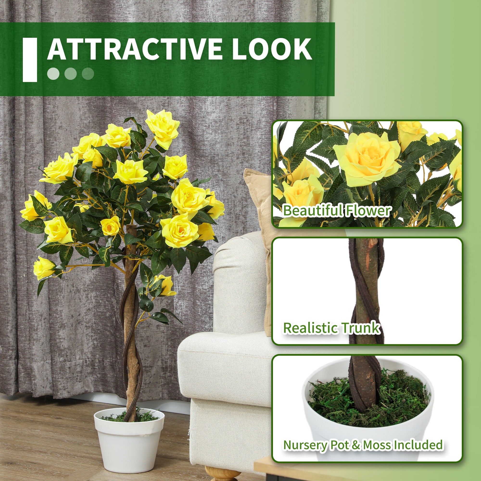 Outsunny Set of 2 Artificial Plants White Rose Floral in Pot, Fake Plants for Home Indoor Outdoor Decor, 90cm, Yellow - North Peak Garden Furniture