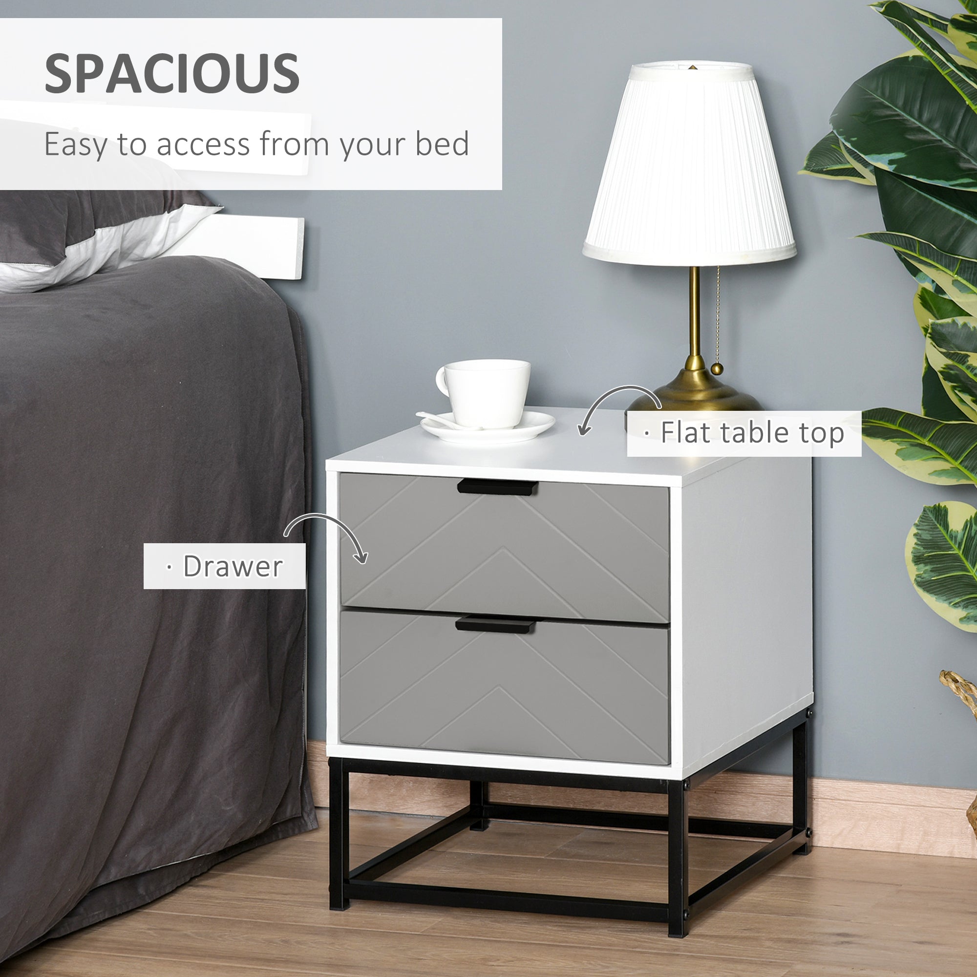 HOMCOM Bedside Cabinet with 2 Drawer Storage Unit, Unique Shape Bedroom Table Nightstand with Metal Base, for Living Room, Study Room, Dorm - North Peak Garden Furniture