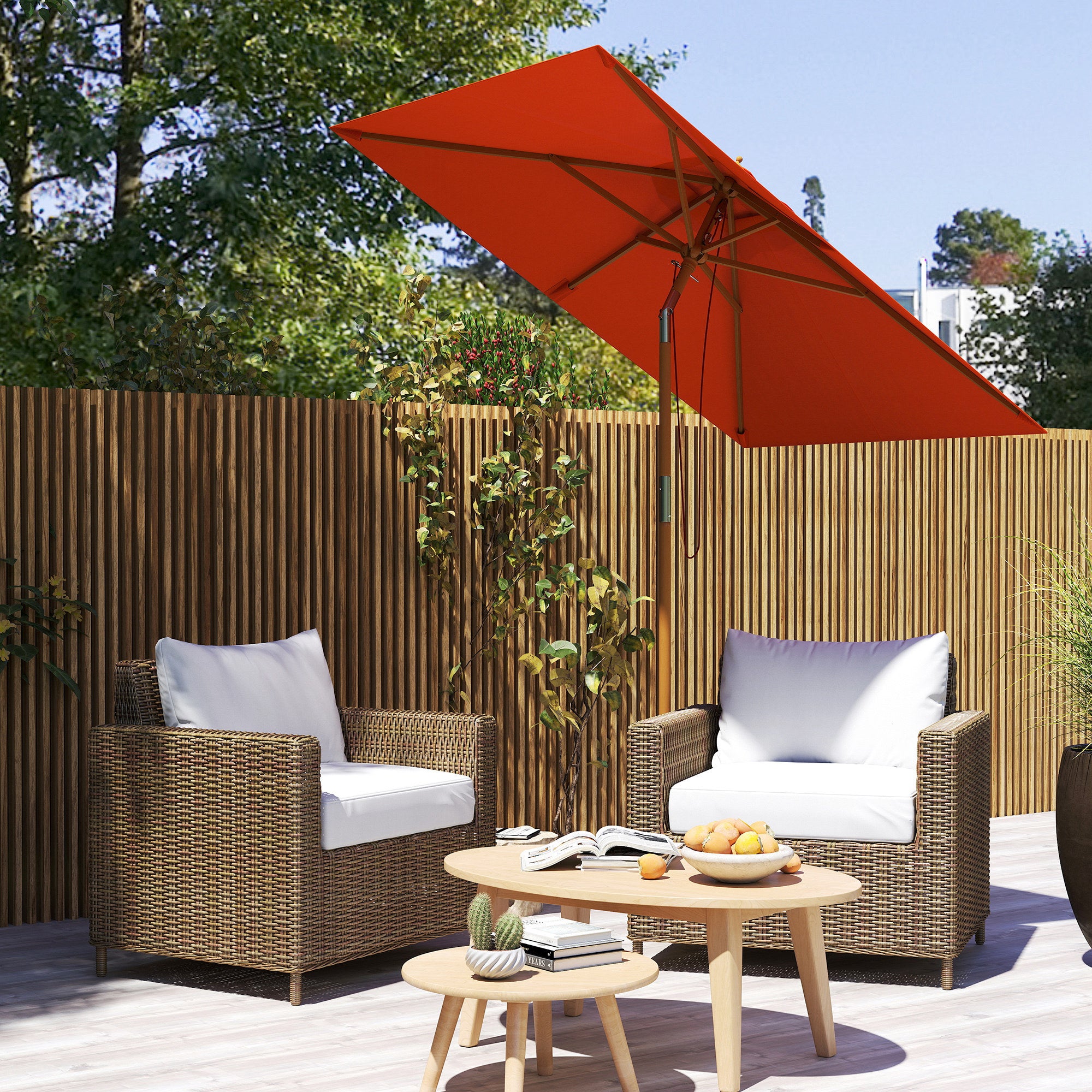 Outsunny 2m Tilting Wooden Pole Parasol - Orange - North Peak Garden Furniture