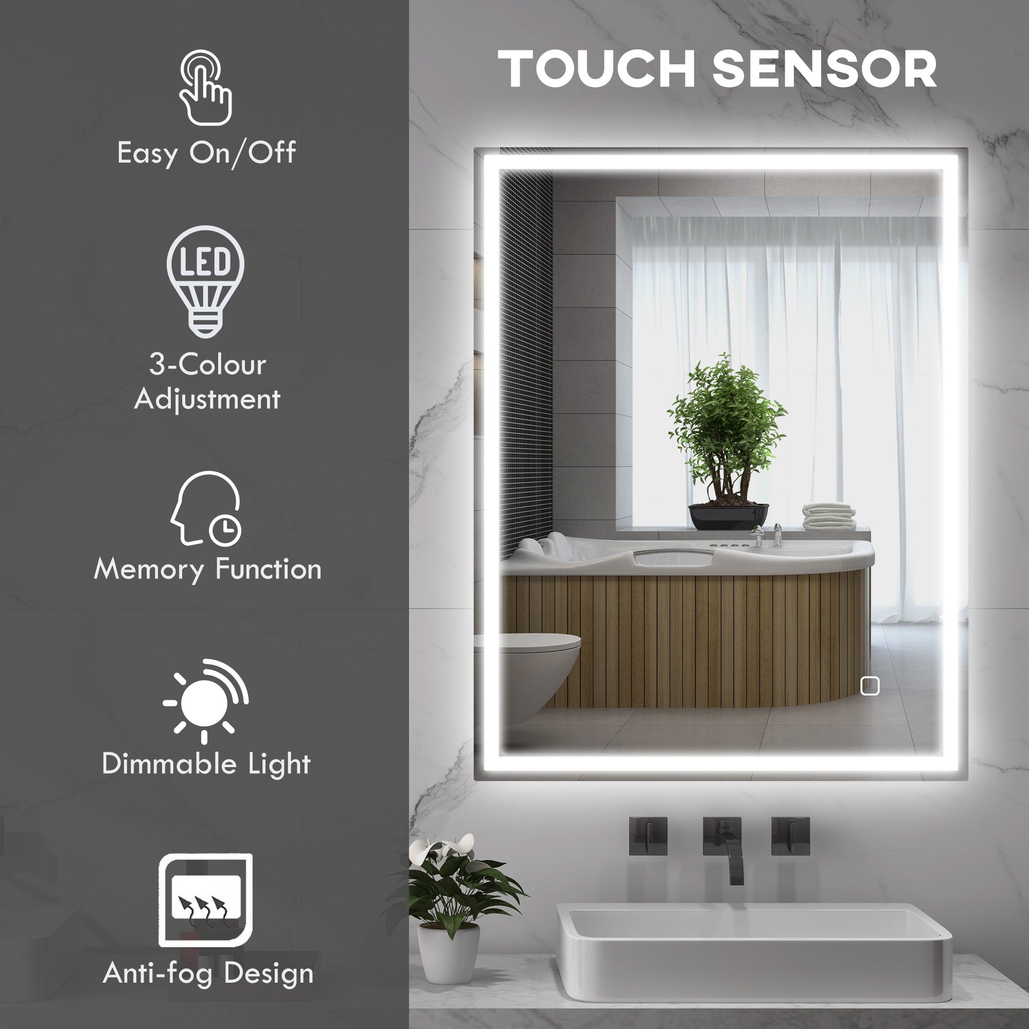 HOMCOM 90 x 70cm LED Bathroom Mirror with Lights, Dimmable Makeup Mirror, Vanity Mirror with 3 Colour, Smart Touch, Anti-Fog - North Peak Garden Furniture