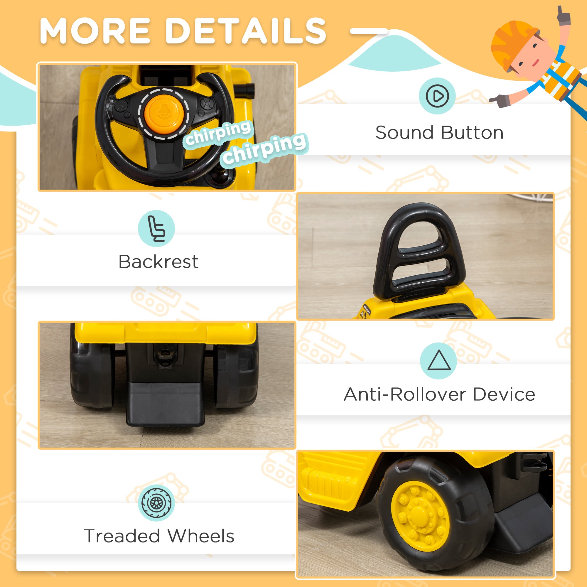 HOMCOM Kids Ride-On Construction Car, with Fork, Tray, Sounds - Yellow - North Peak Garden Furniture