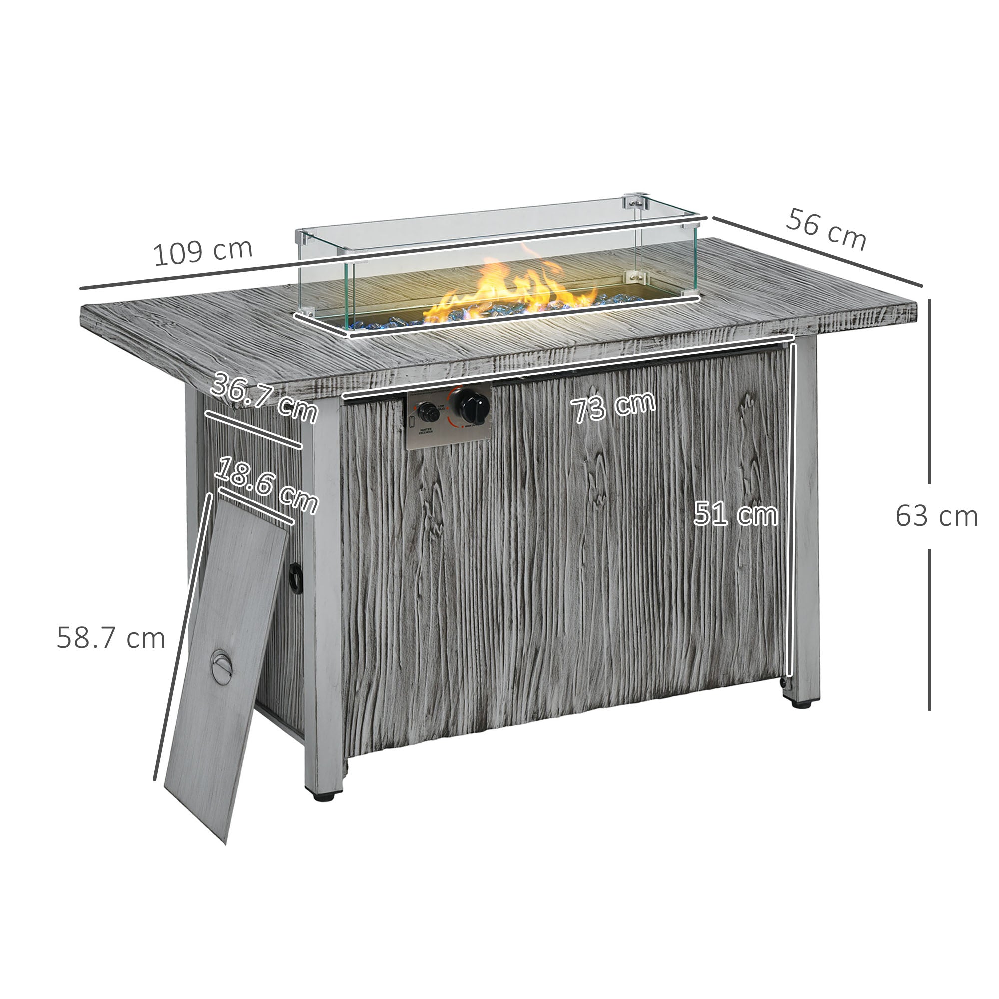 Outsunny 50,000 BTU Gas Fire Pit Table with Cover and Glass Screen - Grey - North Peak Garden Furniture