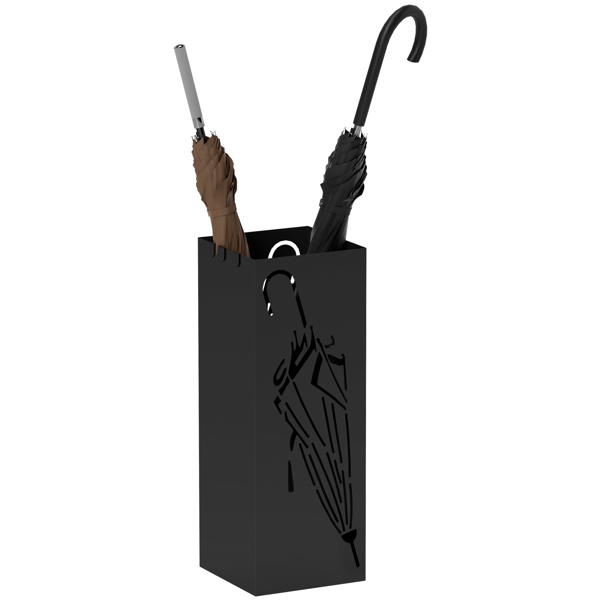 HOMCOM Metal Umbrella Stand, Square Umbrella Holder with 4 Hooks and Removable Drip Tray, Decorative Umbrella Storage Rack for Entryway, Hallway, 15.5 x 15.5 x 41 cm, Black - North Peak Garden Furniture