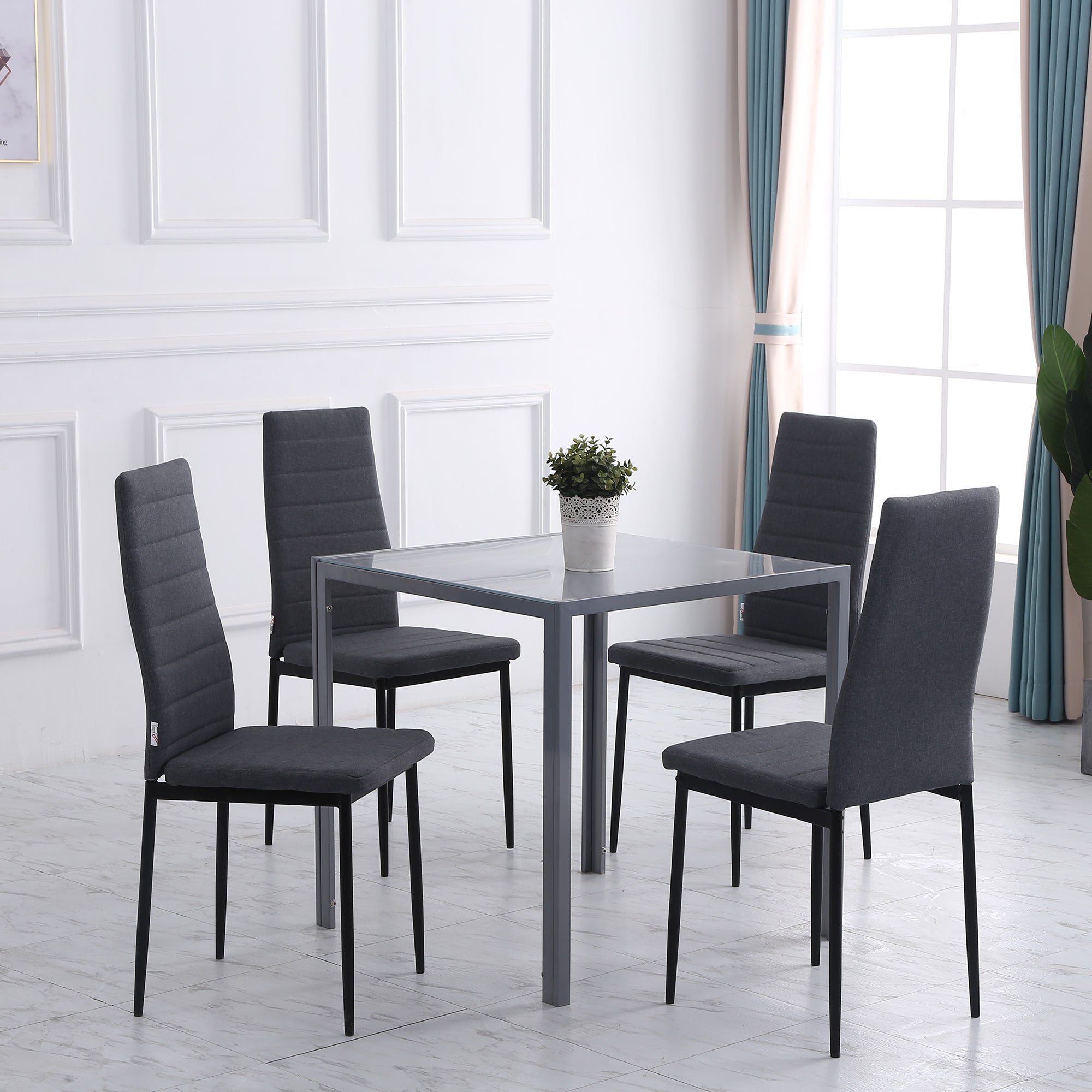 HOMCOM High Back Dining Chairs Modern Upholstered Linen-Touch Fabric Accent Chairs with Metal Legs for Kitchen, Set of 4, Grey - North Peak Garden Furniture