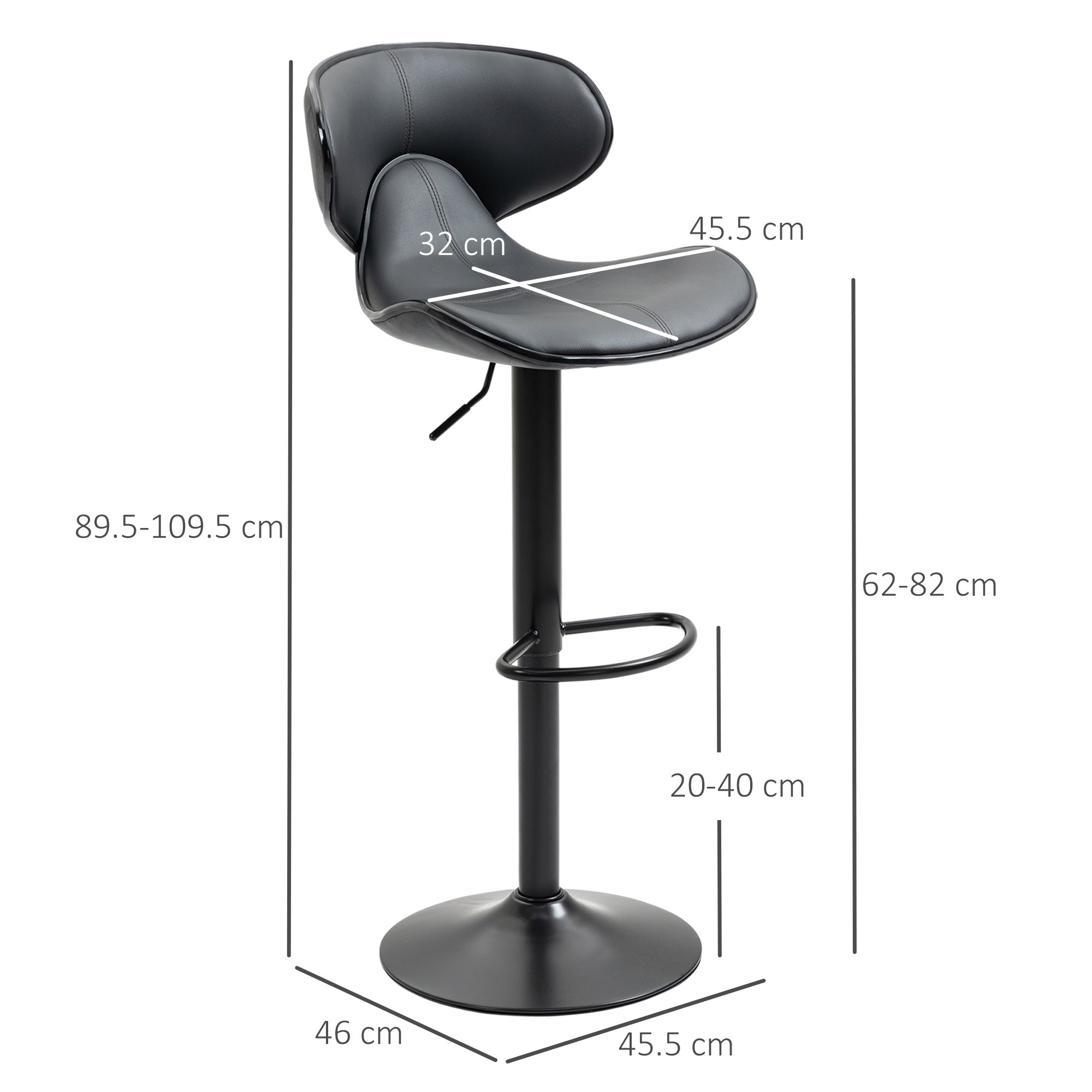 HOMCOM Adjustable Swivel Bar Stools Set of 2, Barstools with Footrest and Backrest, Steel Frame Gas Lift, for Kitchen Counter Dining Room, Grey - North Peak Garden Furniture