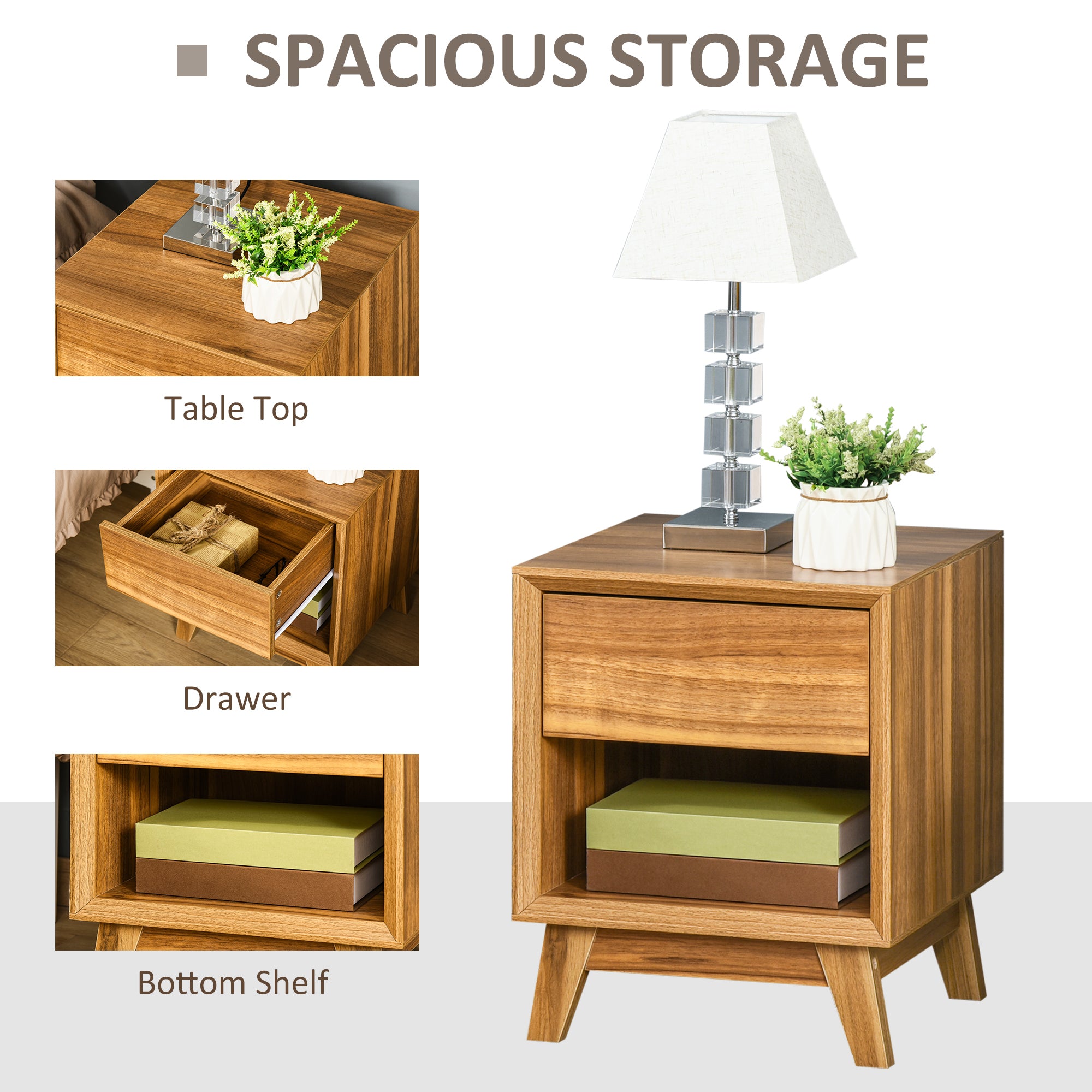 HOMCOM Modern Bedside Table Nightstand, Living Room End Table, Side Table with Drawer and Shelf, Walnut Brown - North Peak Garden Furniture