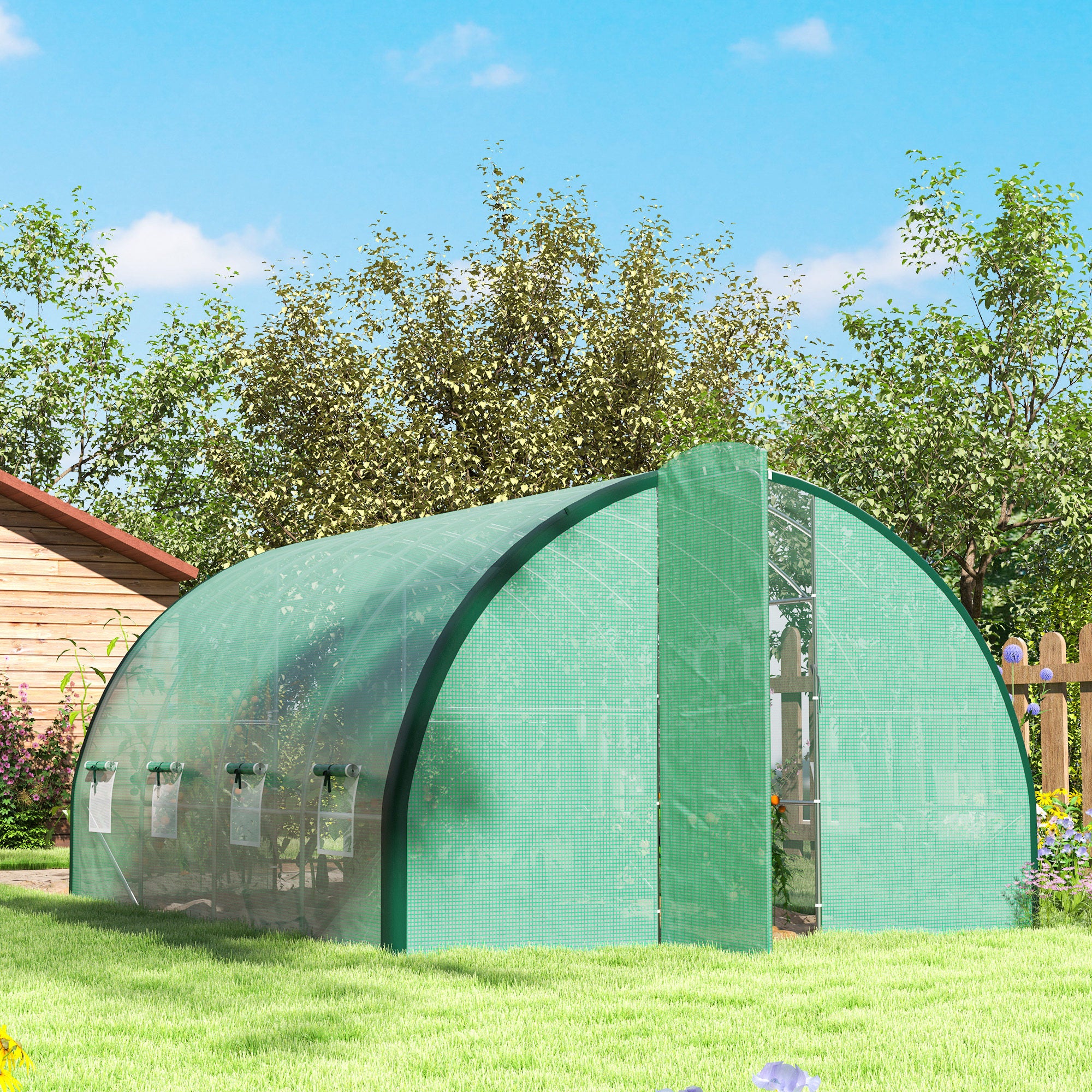 Outsunny 4 x 3(m) Polytunnel Greenhouse, with Windows and Doors - Green - North Peak Garden Furniture