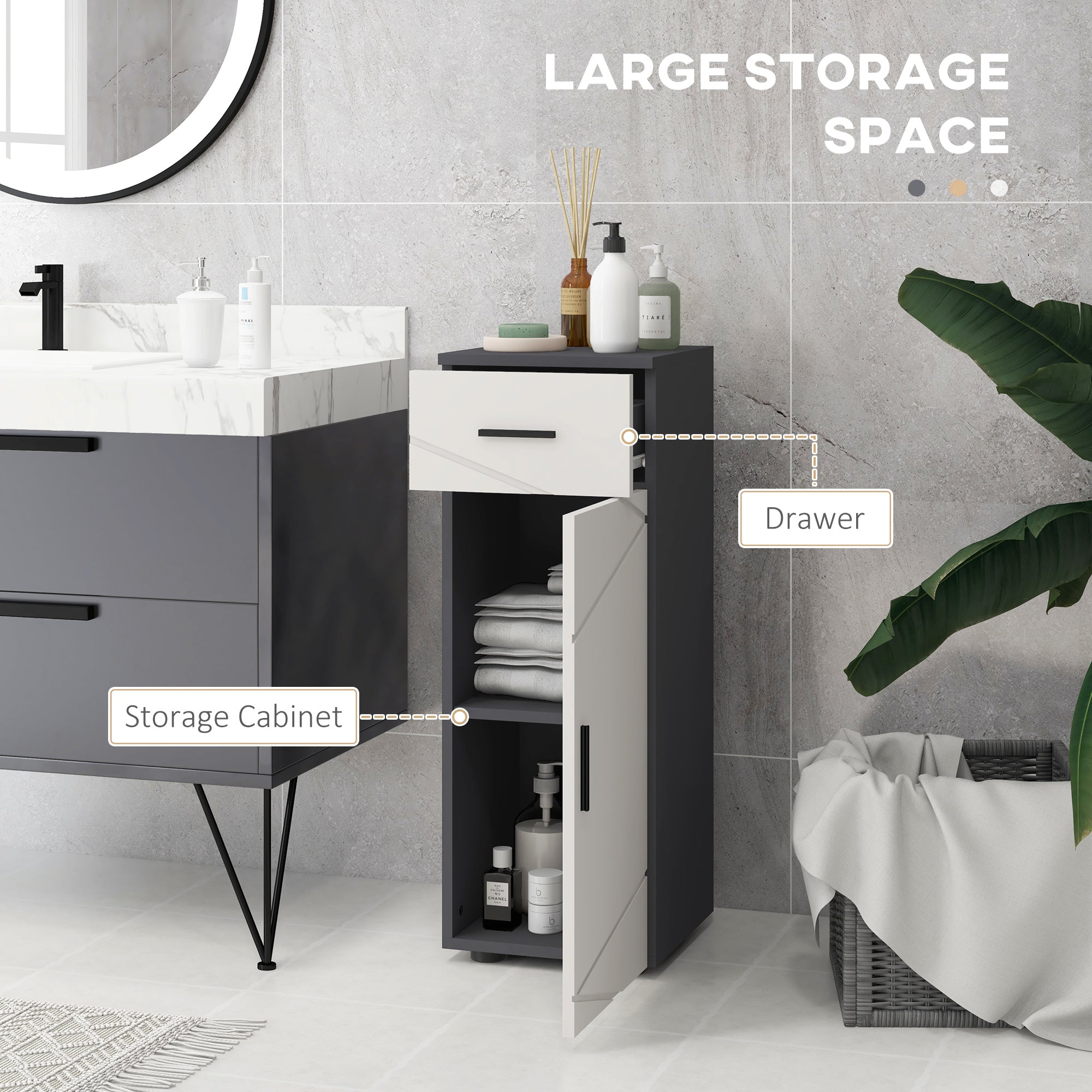 kleankin Slim Bathroom Cabinet, Narrow Bathroom Storage Cabinet with Drawer, Door Cupboard, Adjustable Shelf and Soft Close Mechanism, Grey - North Peak Garden Furniture