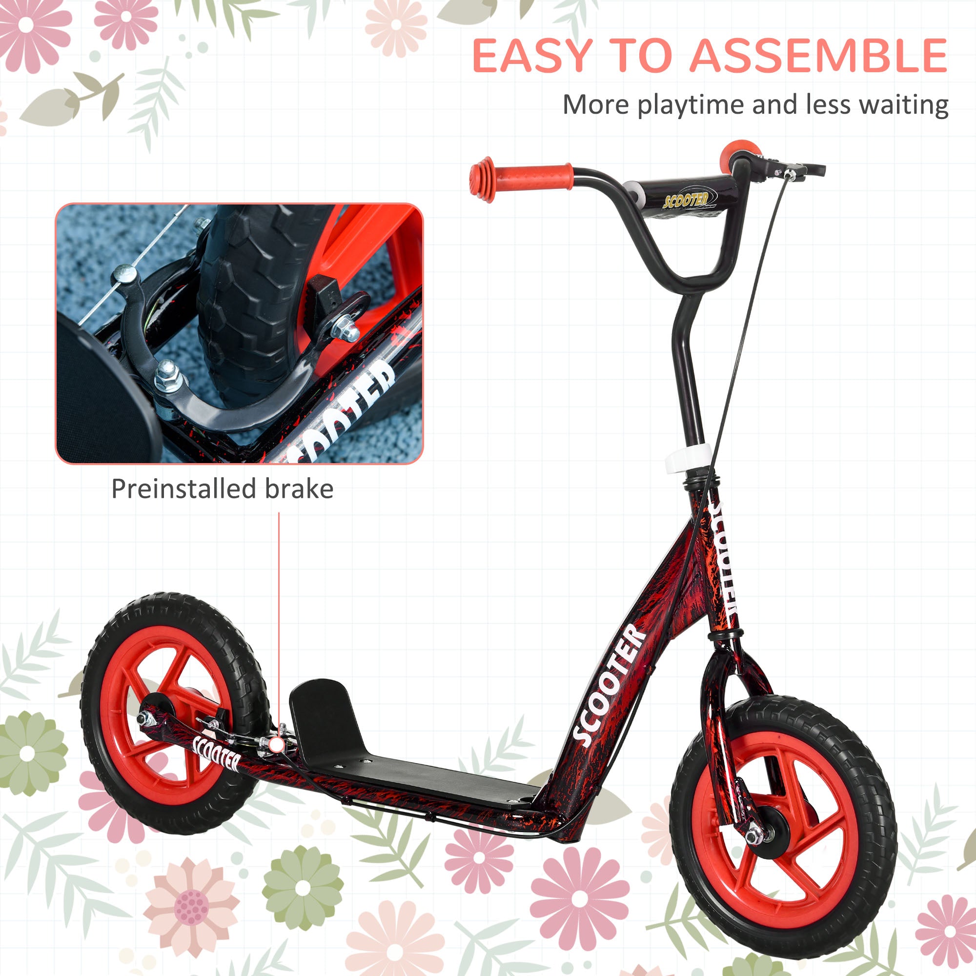 AIYAPLAY Kids Scooter with Adjustable Handlebar, Children's Kick Scooter with Non-slip Footplate, Rear Brake, Kickstand, Red - North Peak Garden Furniture