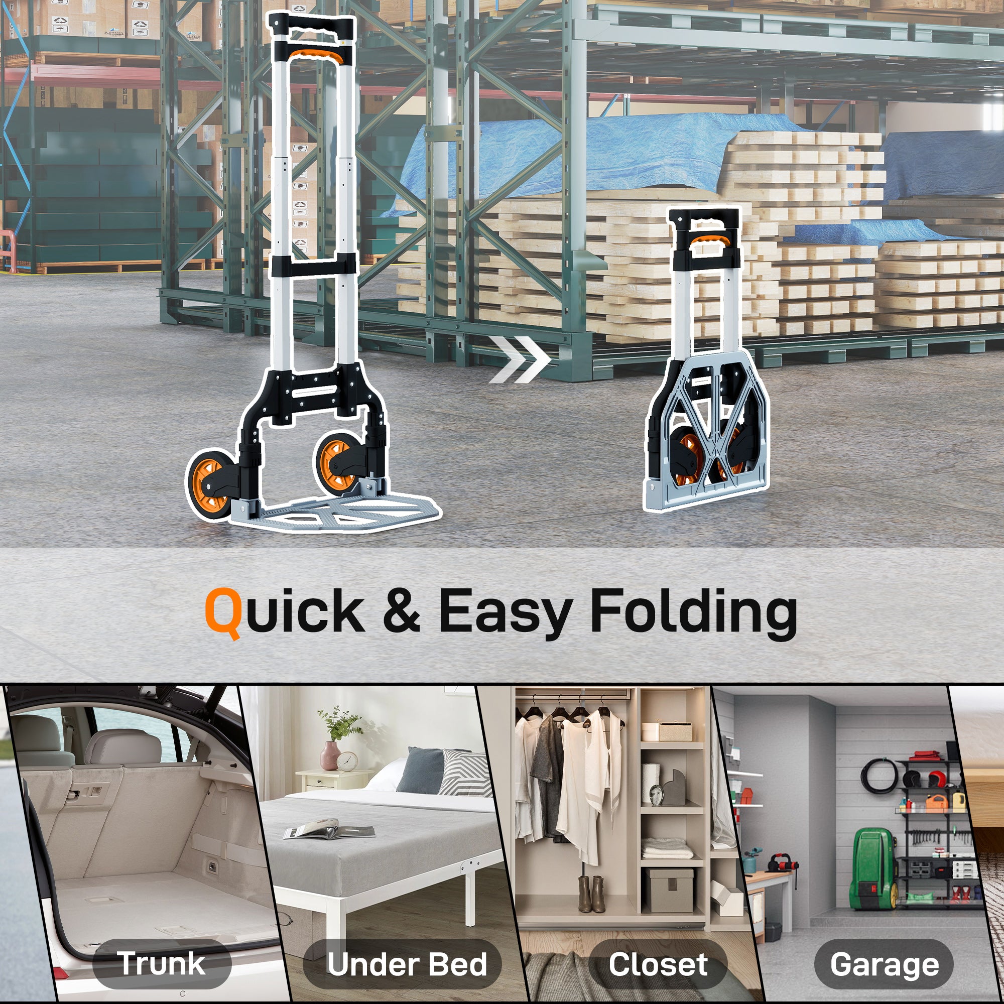 HOMCOM Folding Sack Truck, 70kg Lightweight Hand Truck with Wheels, Foldable Trolley Cart with Telescoping Handle for Warehouse, Office, Luggage, Silver Tone