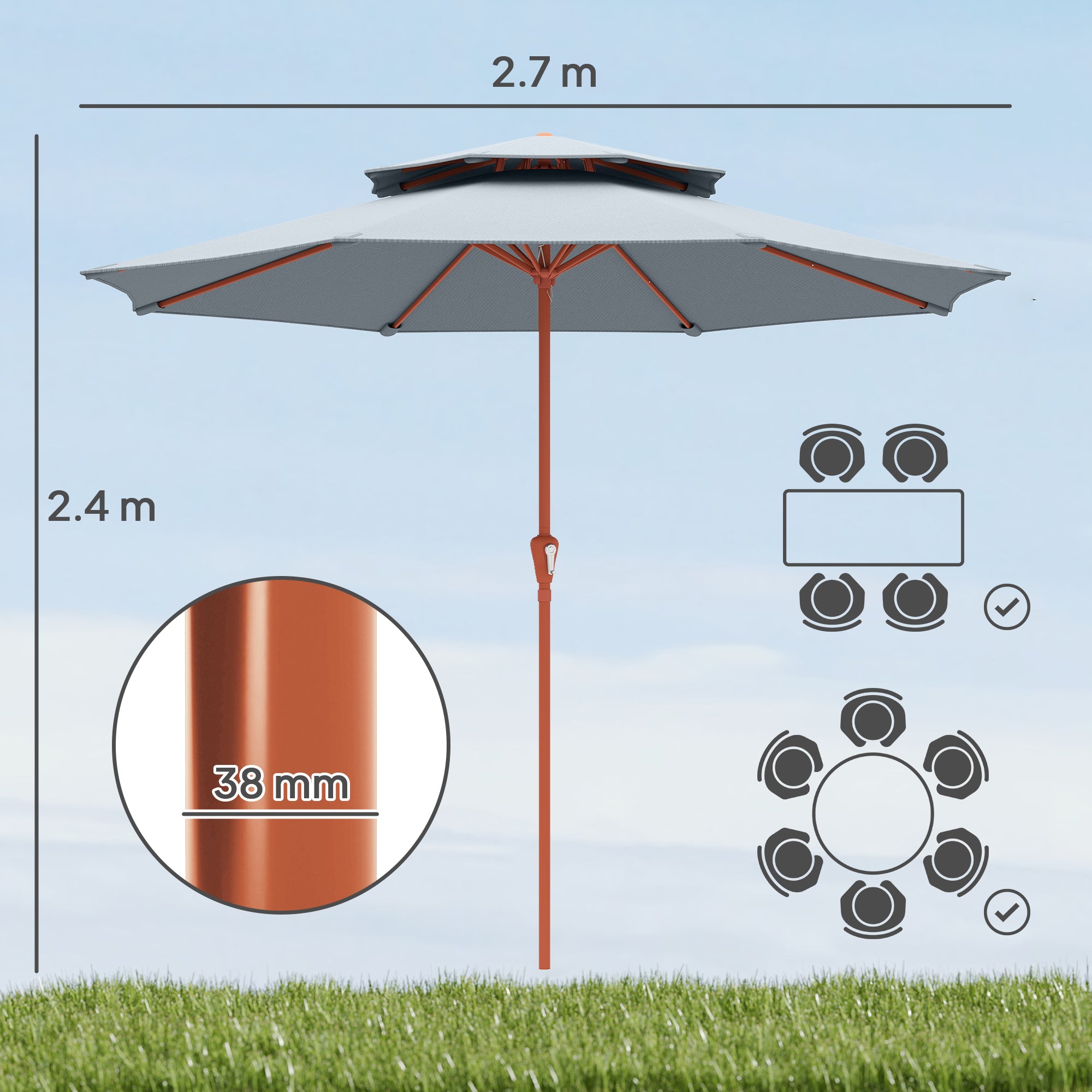 Outsunny 2.7 m Garden Parasol with Double Top Outdoor Market Table Umbrella with Crank System, Light Grey
