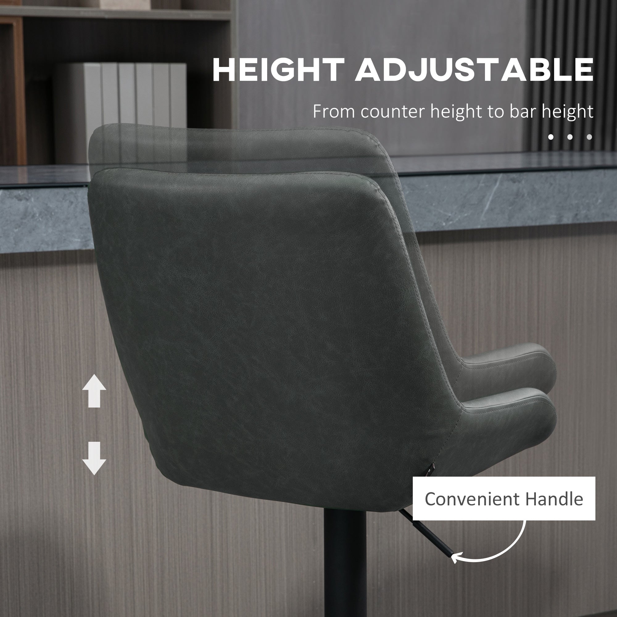 HOMCOM Retro Bar Stools Set of 2, Adjustable Kitchen Stool, Upholstered Bar Chairs with Back, Swivel Seat, Dark Grey - North Peak Garden Furniture