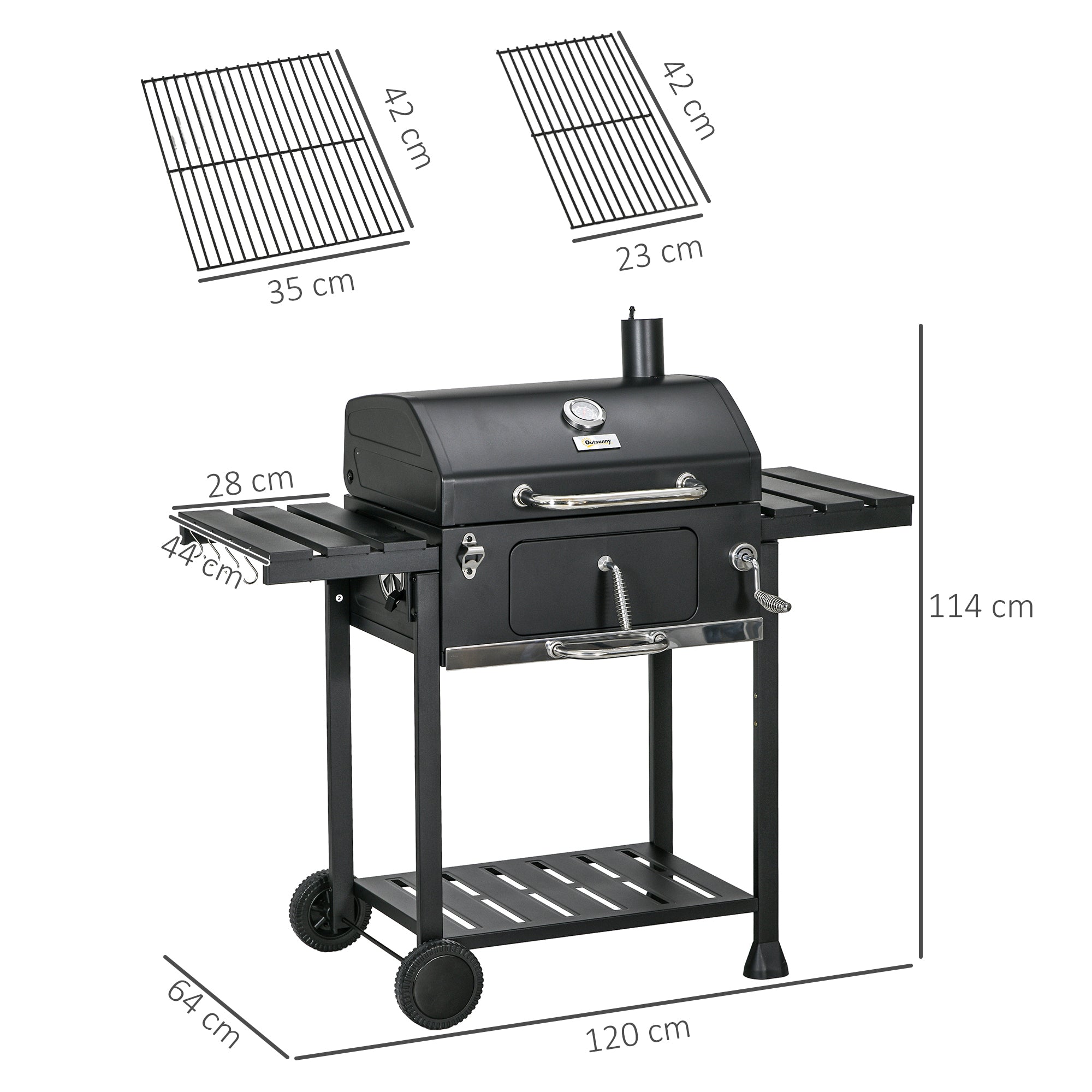 Outsunny Outddor Portable Charcoal BBQ Wide 120cm, with Pull-out Ash Catcher Side Hooks & Bottle Opener, Side & Bottom Shelves | Aosom UK