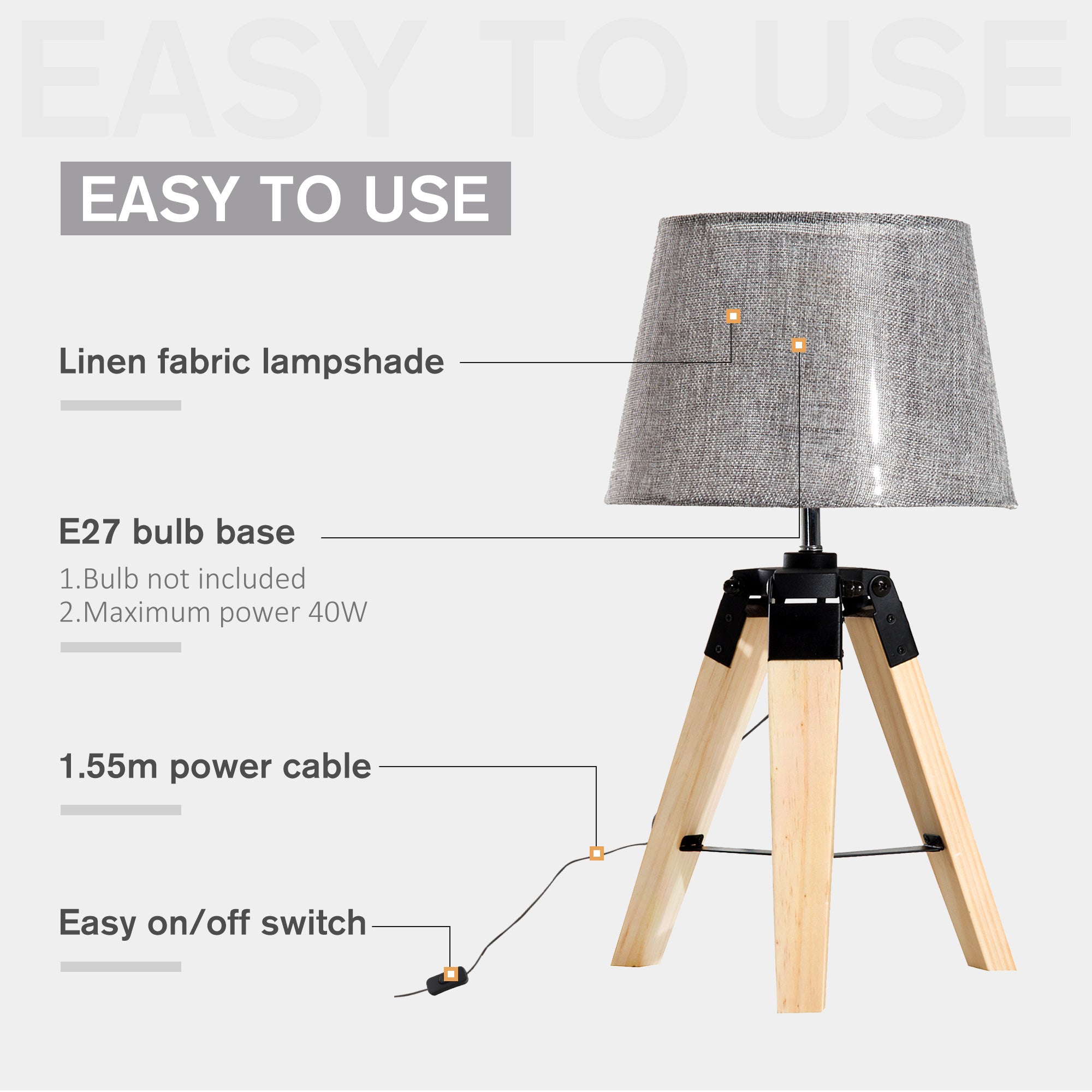 HOMCOM Wooden Tripod Table Lamp for Side, Desk or End Table with E27 Bulb Base（Grey Shade） - North Peak Garden Furniture