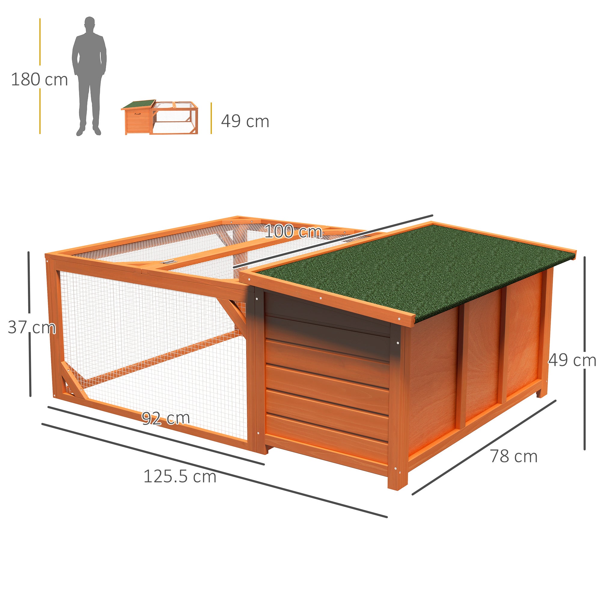 PawHut Rabbit Hutch Outdoor Guinea Pig Hutch with Run Small Animal Off-ground Duck House Hideaway Backyard with Openable Roof 125.5 x 100 x 49cm Orange - North Peak Garden Furniture