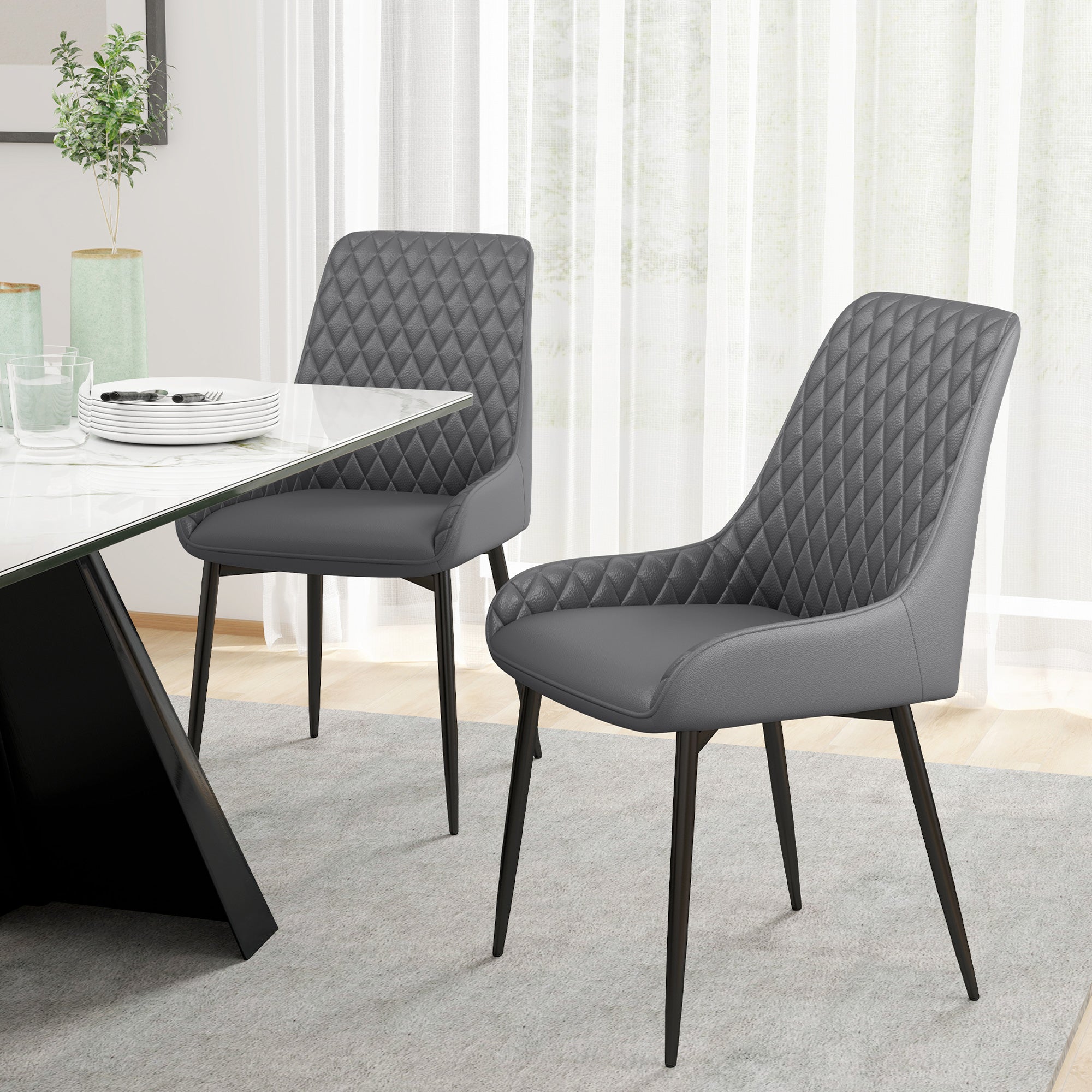 HOMCOM Set Of 2 Quilted PU Leather Dining Chairs with Metal Frame 4 Legs Foot Caps Home Seating Modern Stylish Executive Grey