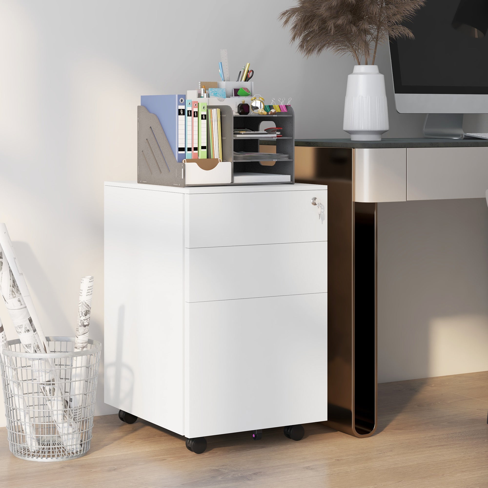 Vinsetto 3-Drawer Vertical Filing Cabinet with Pencil Tray, Lock and 5 Wheels, Steel Mobile File Cabinet, for A4, Legal and Letter Size, Pre-Assembled Body, White - North Peak Garden Furniture