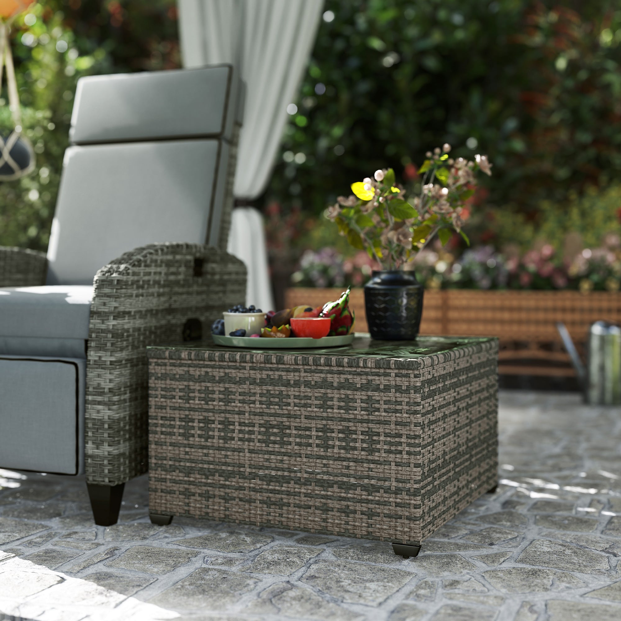 Outsunny 62 x 62cm Glass-Top Rattan Side Table - Light Grey - North Peak Garden Furniture