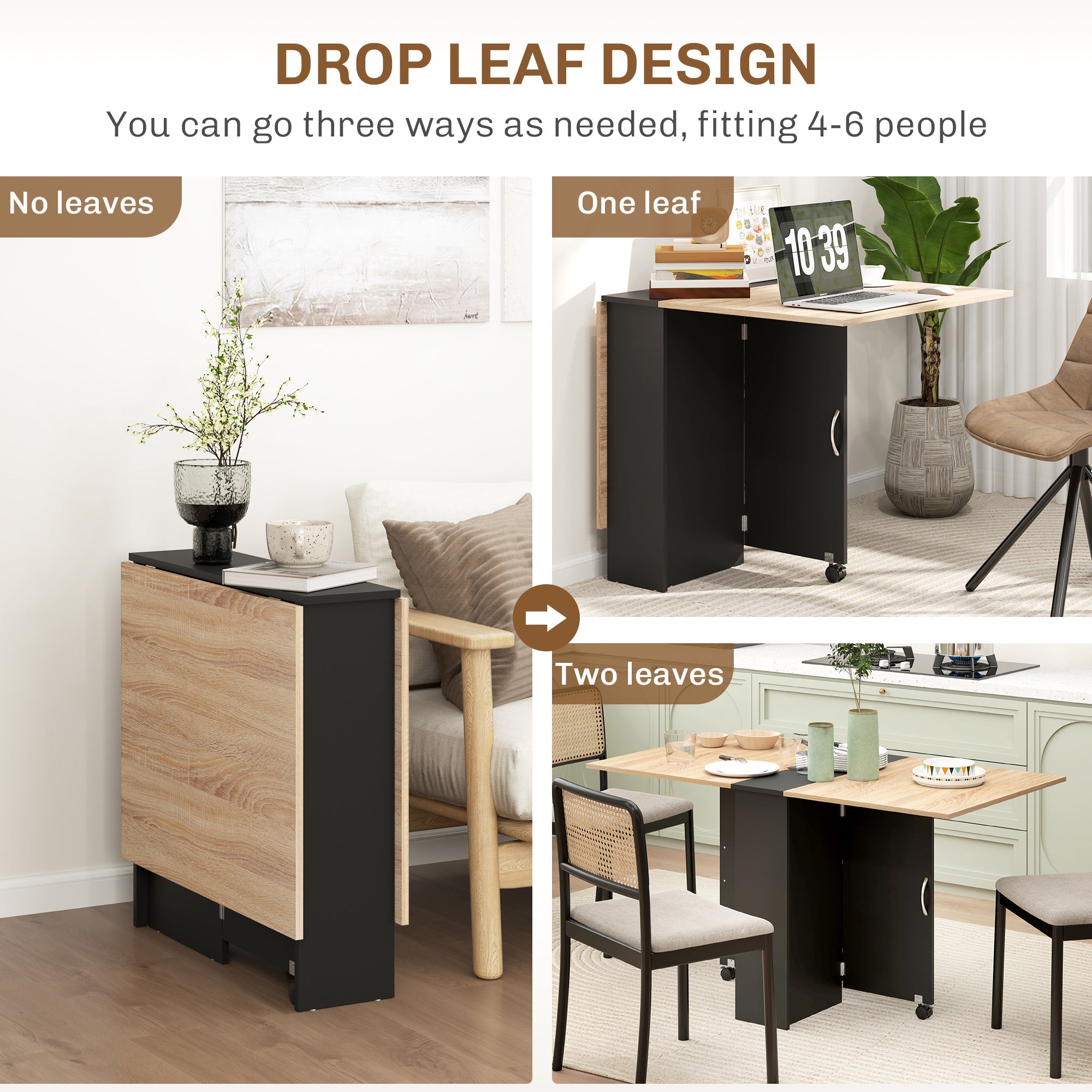 HOMCOM Folding Dining Table, Drop Leaf Table for Small Spaces with 2-tier Shelves, Small Kitchen Table with Rolling Casters, Oak and Black - North Peak Garden Furniture