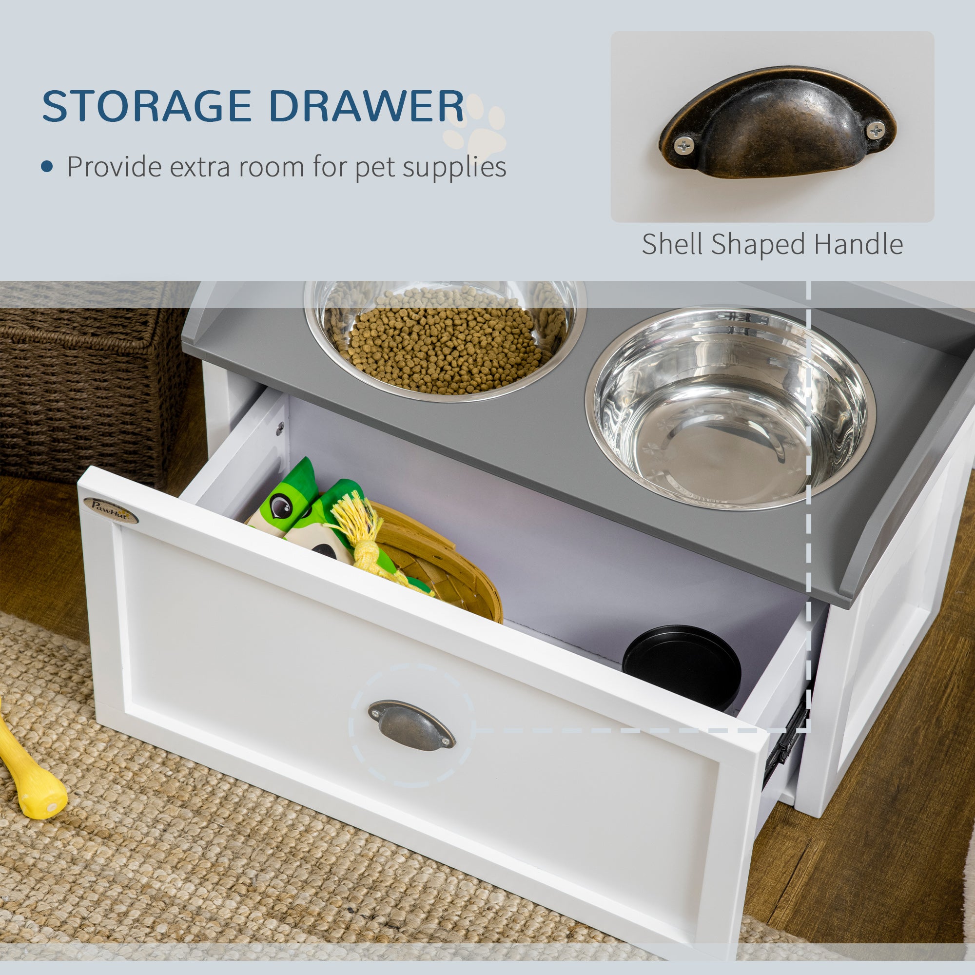 PawHut Stainless Steel Raised Dog Bowls, with 21L Storage Drawer for Large Dogs and Cats - White - North Peak Garden Furniture