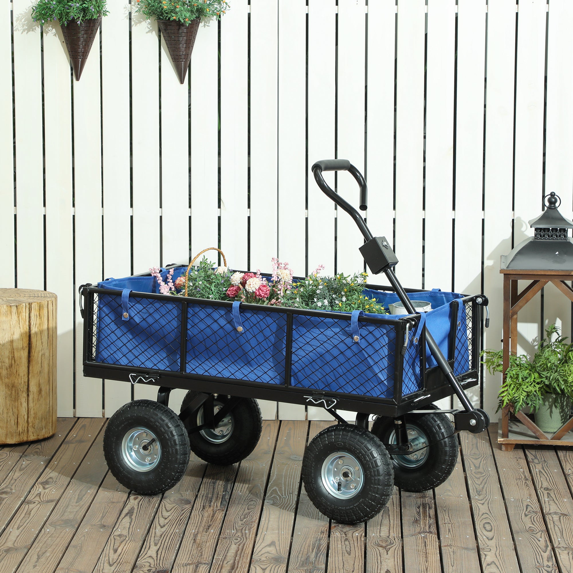 Outsunny 114L Steel Frame Garden Cart Trolley - Blue - North Peak Garden Furniture