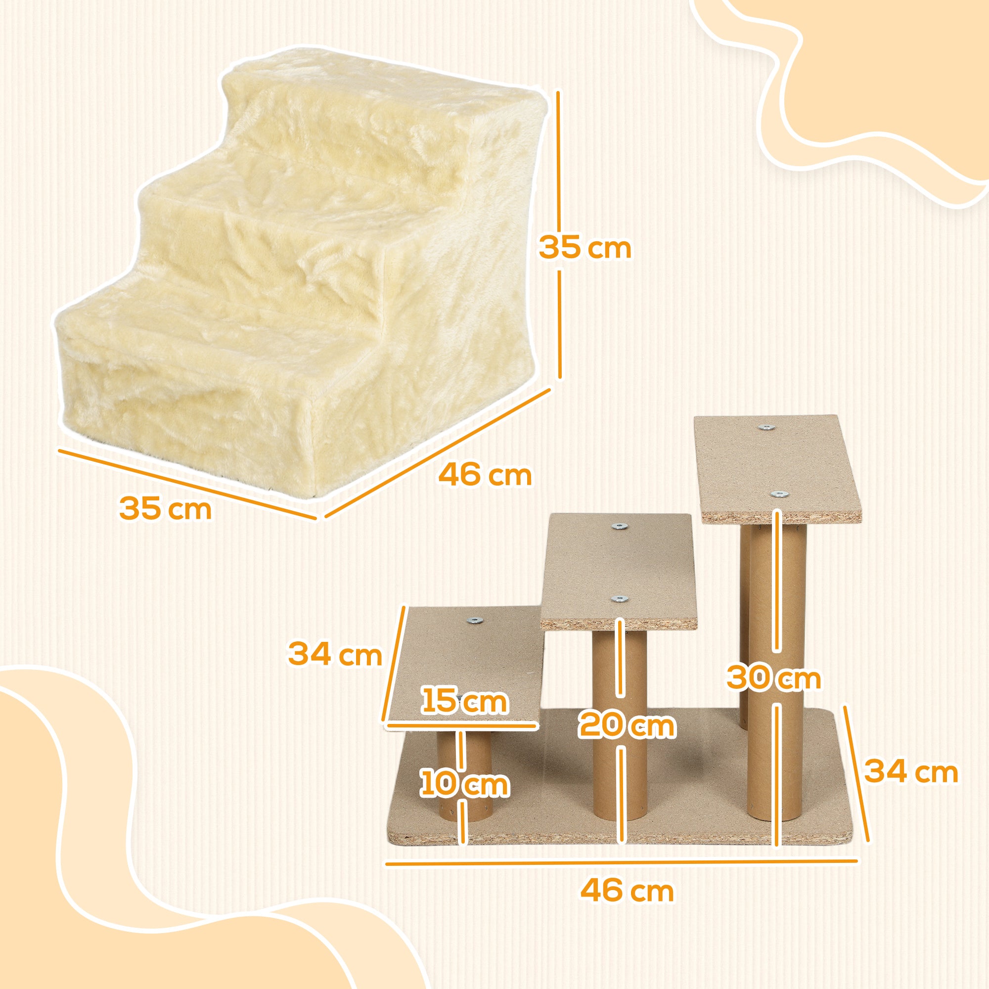 PawHut Three-Step Dog Stairs, with Washable Plush Cover, for High Bed Sofa, Dog Stairs for Small Dog and Cat - Beige - North Peak Garden Furniture